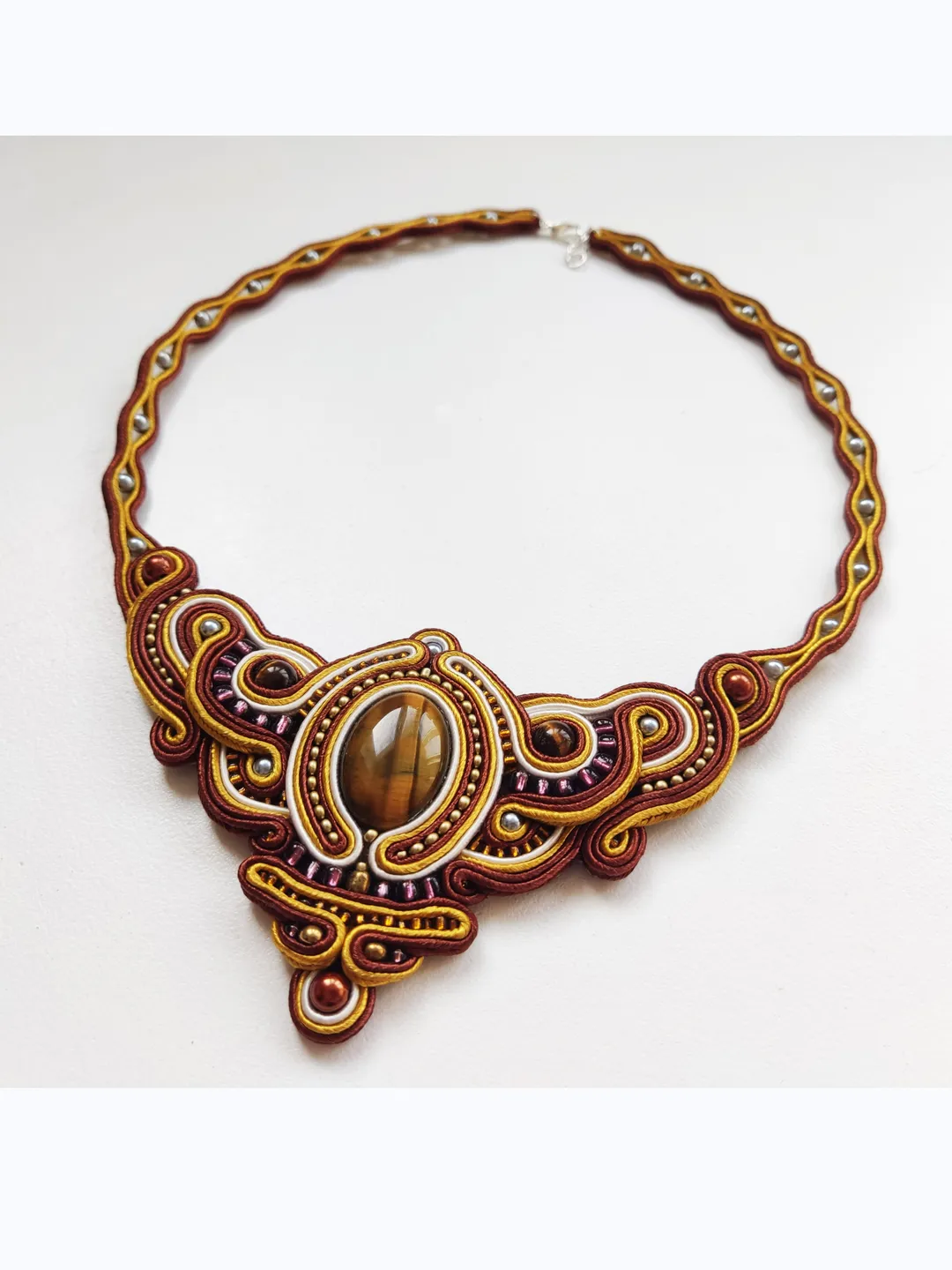 Tiger's eye necklace, Gold and brown statement necklace, Soutache necklace