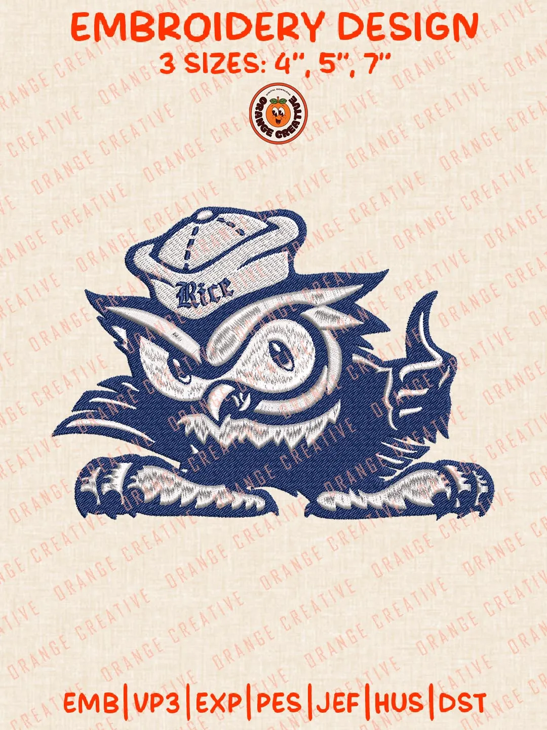 Rice Owls Mascot Logo Embroidery Design Files, NCAA Logos Embroidery Designs, NCAA Rice Owls Machine Embroidery Files, 3 Sizes, Custom Sizes, Instant Download
