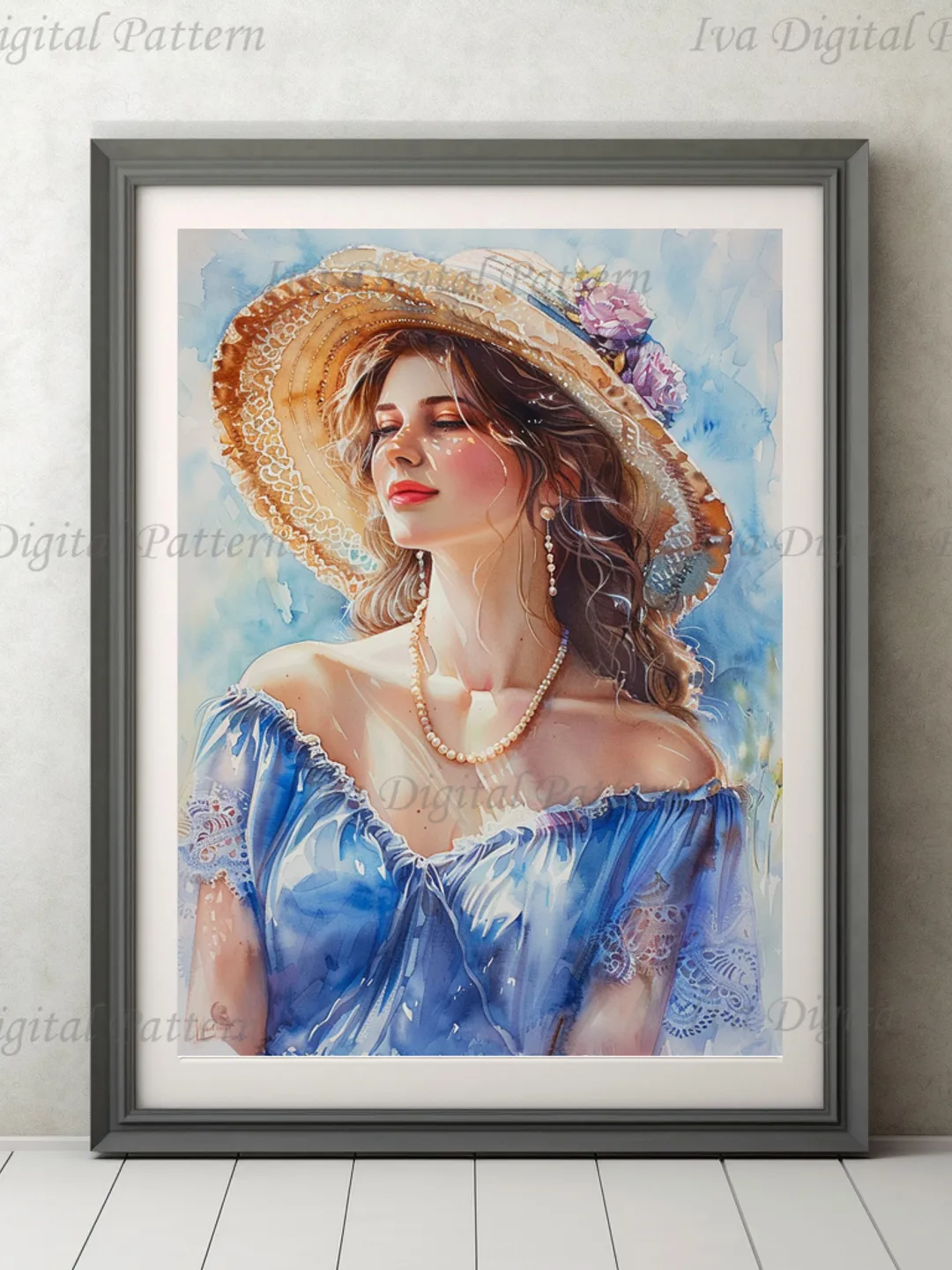 Digital illustration.French woman. Romantic girl with a hat. Digital painting. Wall decor in pastel colors. Parisienne. Instant download.