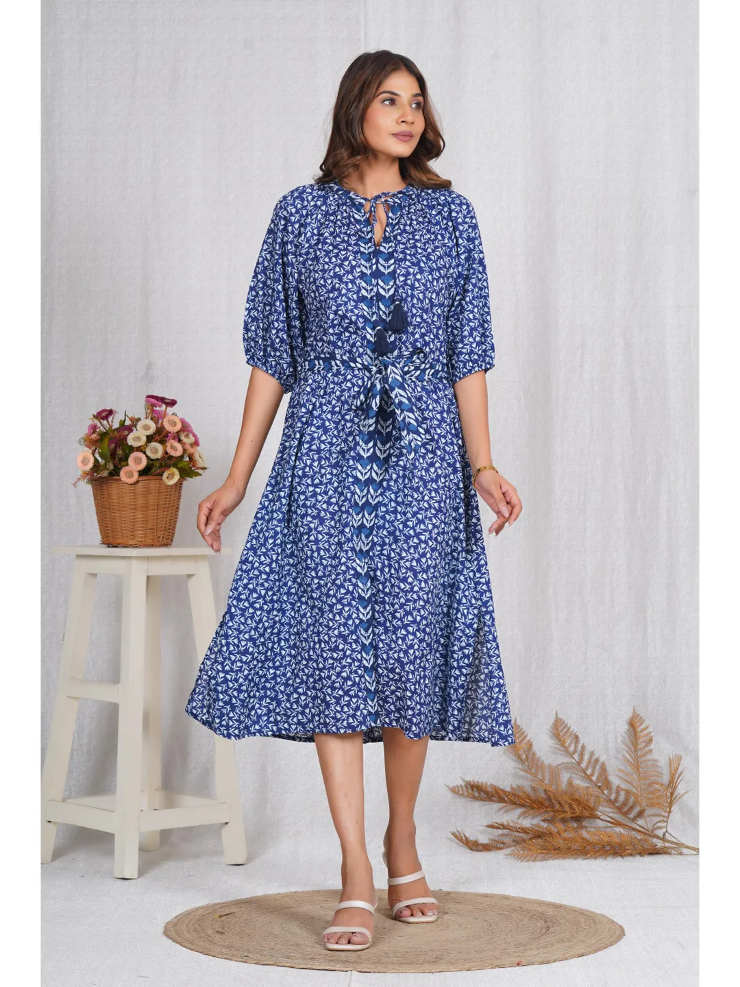 blue floral boho midi dress AX Paris Women's Blue Boho Floral Print Tie Racer Neck Shirred Waist Midi Dress