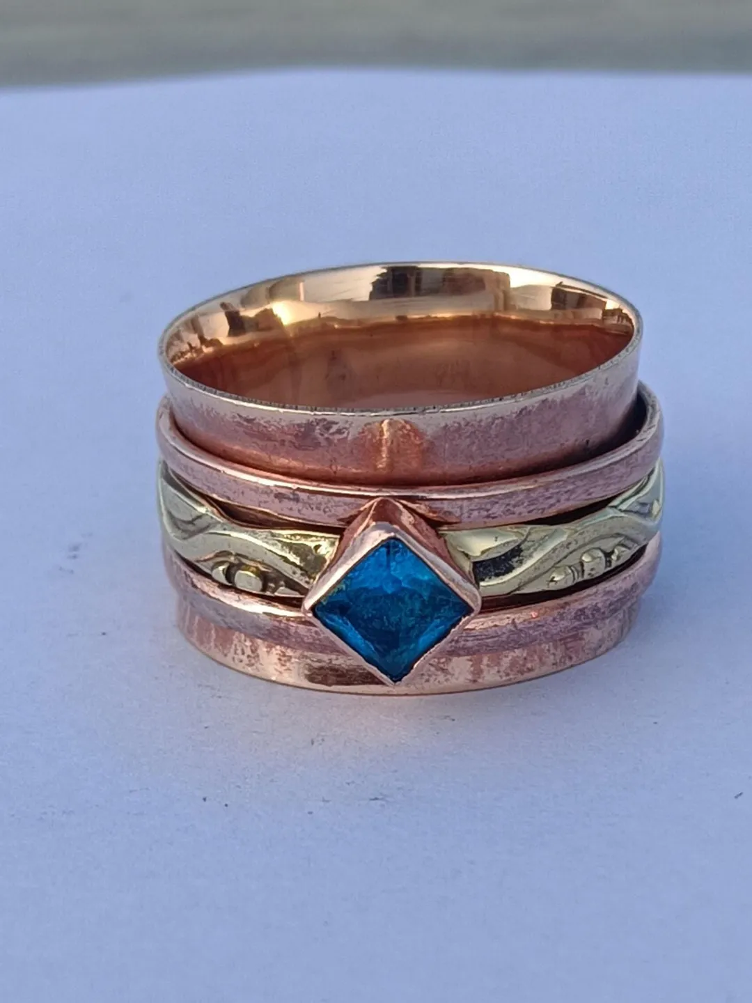 Designer Spinner Ring, Pure Copper Wire Ring, Handmade Ring, Blue Topaz Gemstone Ring, Engagement Ring, Brass Spin Copper Ring, Worry Ring