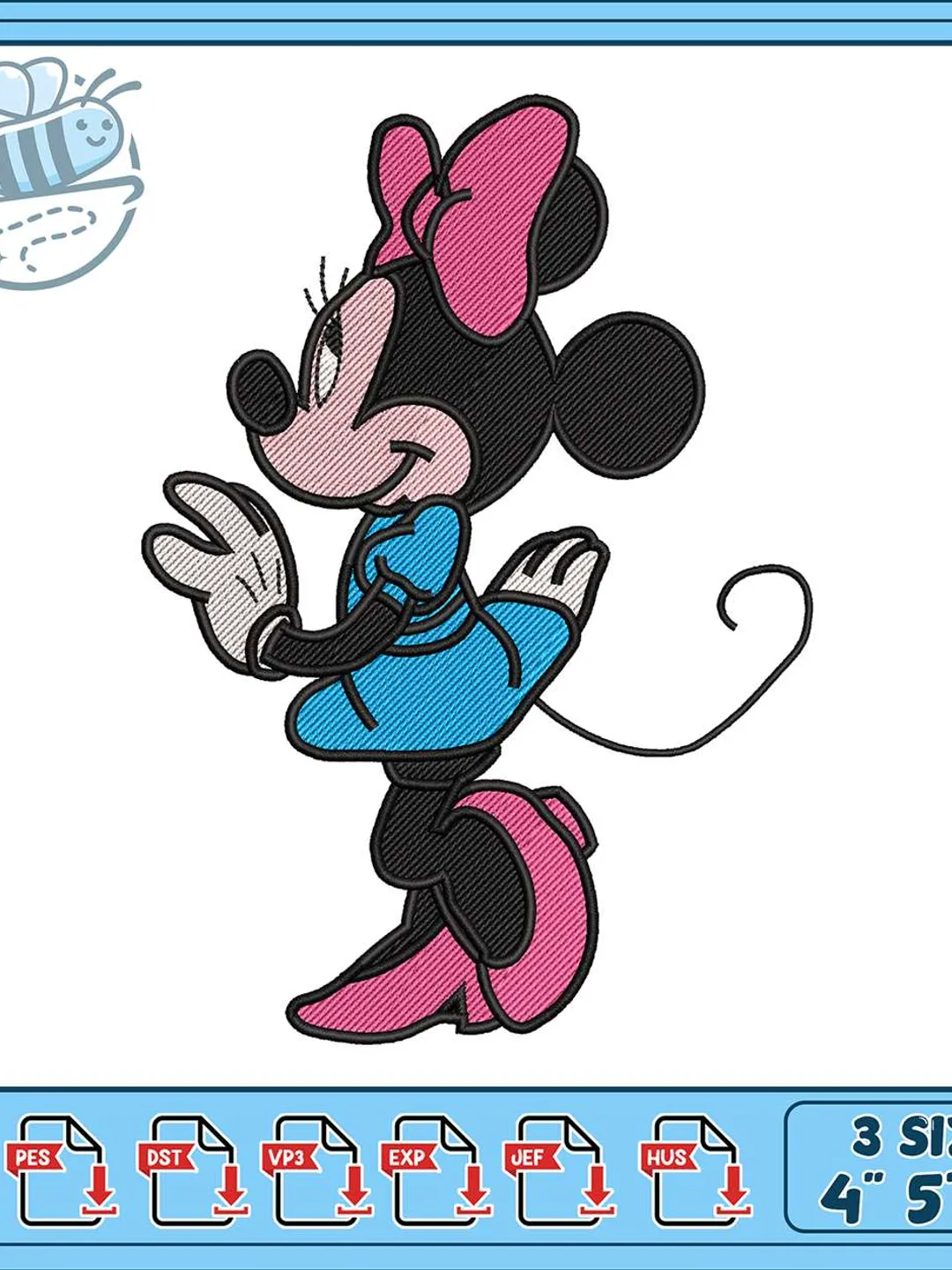 Minnie Mouse Embroidery Design, Disney Girl Side View Machine Embroidery File, Pink Bow Blue Dress Cute Character Instant Download