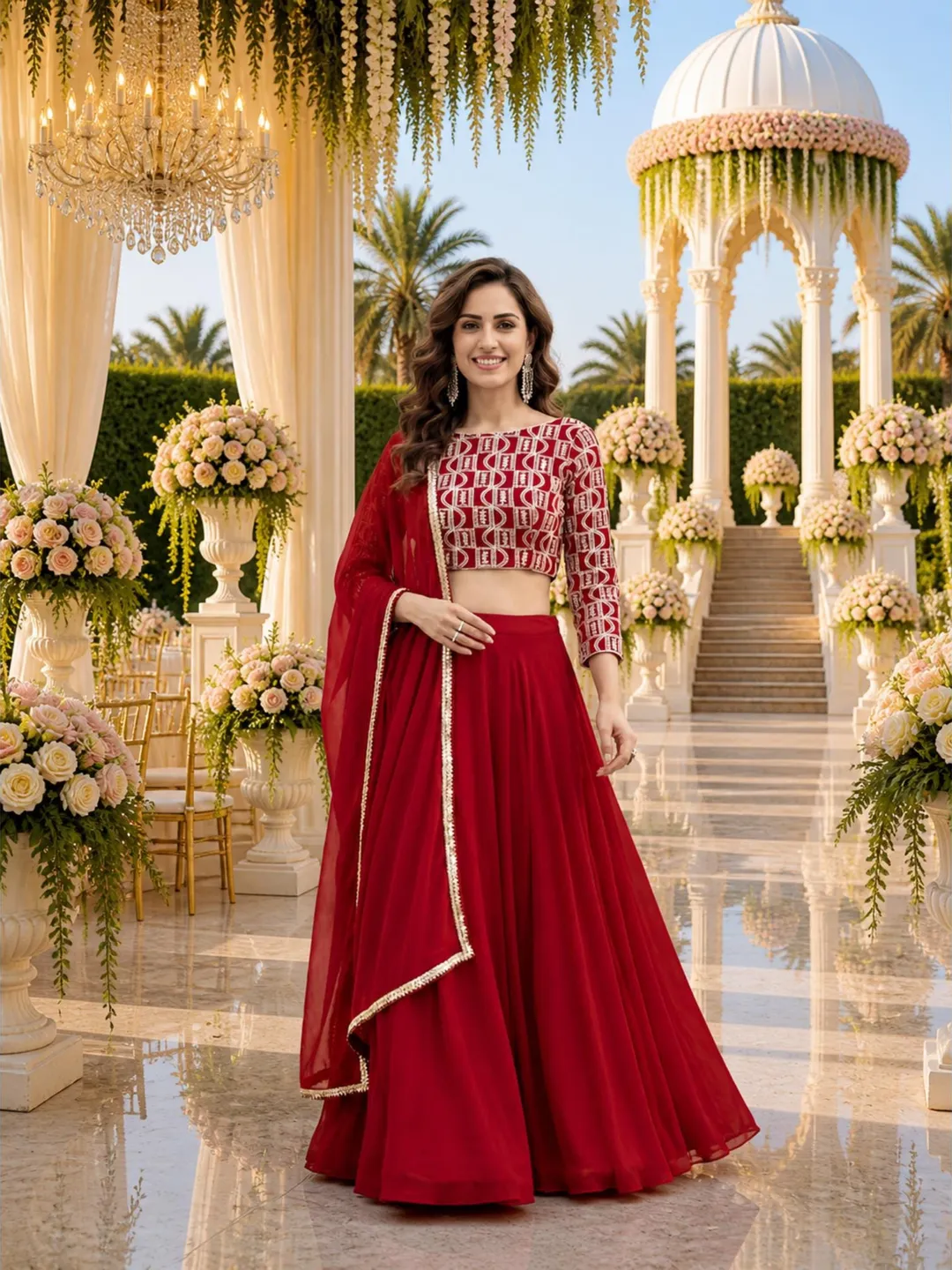 Red Sequin Embroidered Ready To Wear Lehenga Choli: Indian Wedding Wear