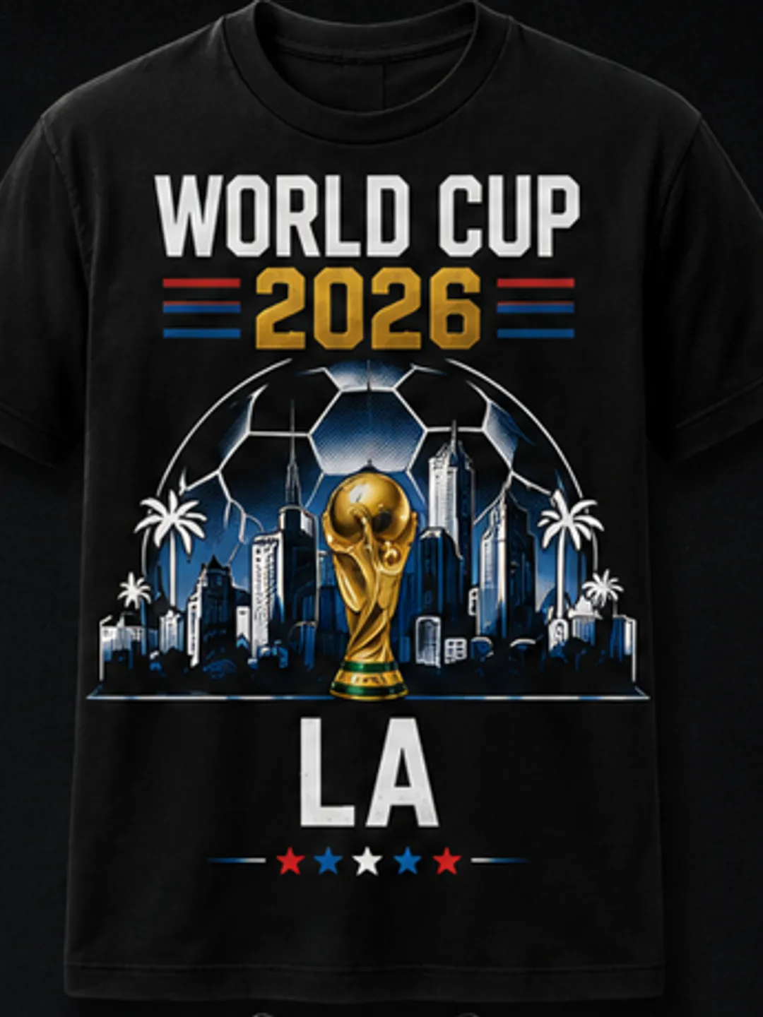 World Cup 2026 LA Black Graphic T-Shirt – FIFA Football Fan Jersey Style Premium Cotton Unisex Streetwear Soccer Trophy Skyline Tee Los Angeles Edition Gift Wear