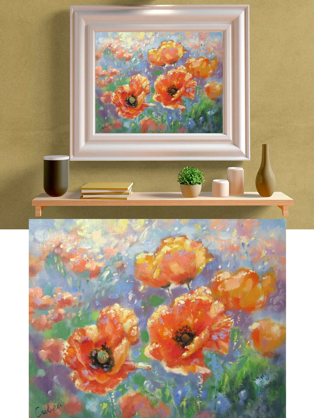 Poppy Painting Original Art Red Flower Impressionism Artwork Blooming Meadow
