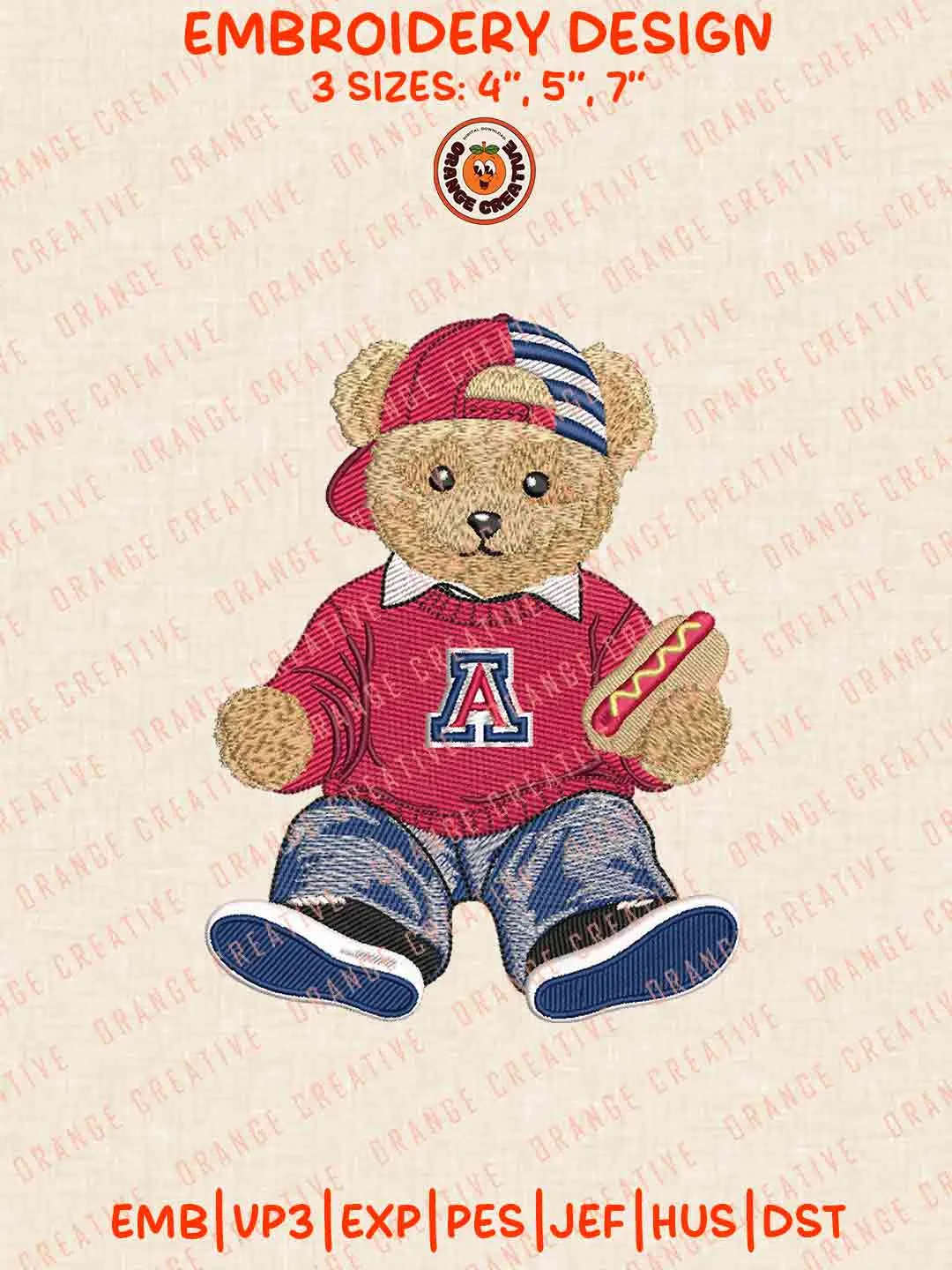 Arizona Wildcat Teddy Bear Logo Embroidery Design, College Machine Embroidery Digitized Pes File, Football Designs, 3 Sizes, Custom Size, Instant Download
