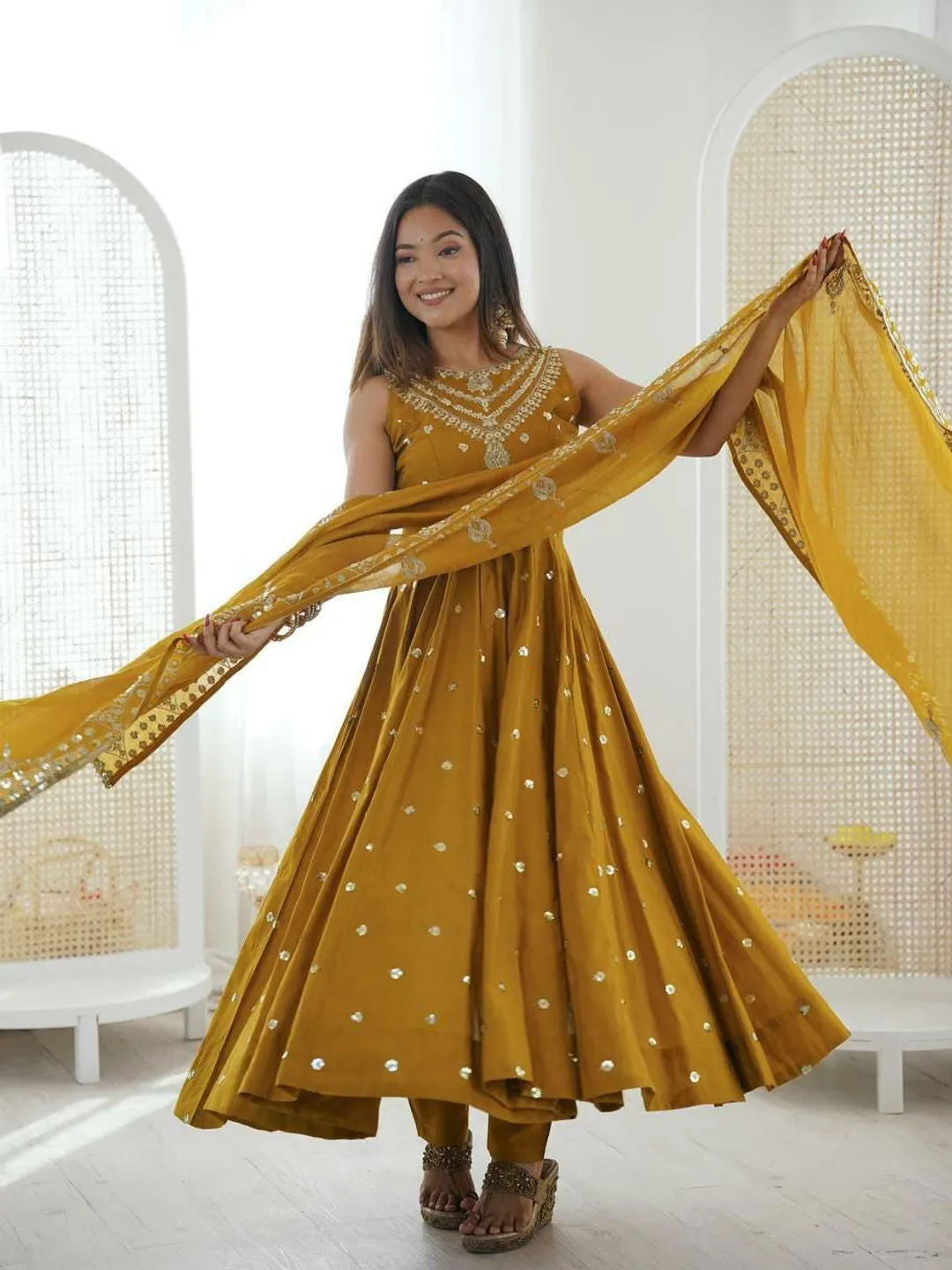Mustard Yellow Anarkali Suit Set with Dupatta Indian Festive Wear Ethnic Dress aditional Long Kurta Set Indian Wedding Functions outfit