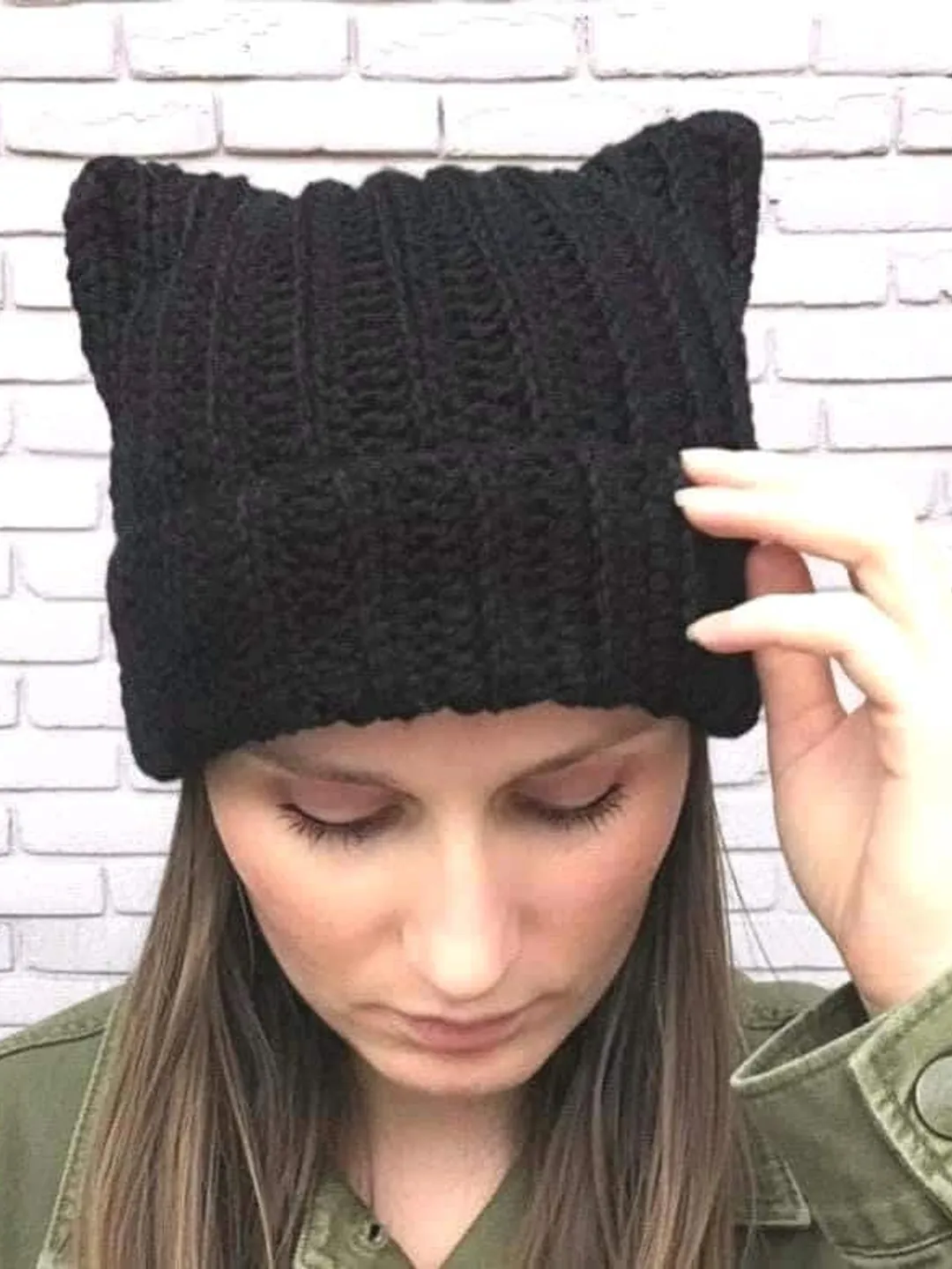 Cat Ear Beanie Warm Alpaca Wool Knit Hat Black Crochet Soft Beanie Cute Cozy Winter Hat Funny Animal Ears Ribbed Hat Unisex Cat Lover Gift