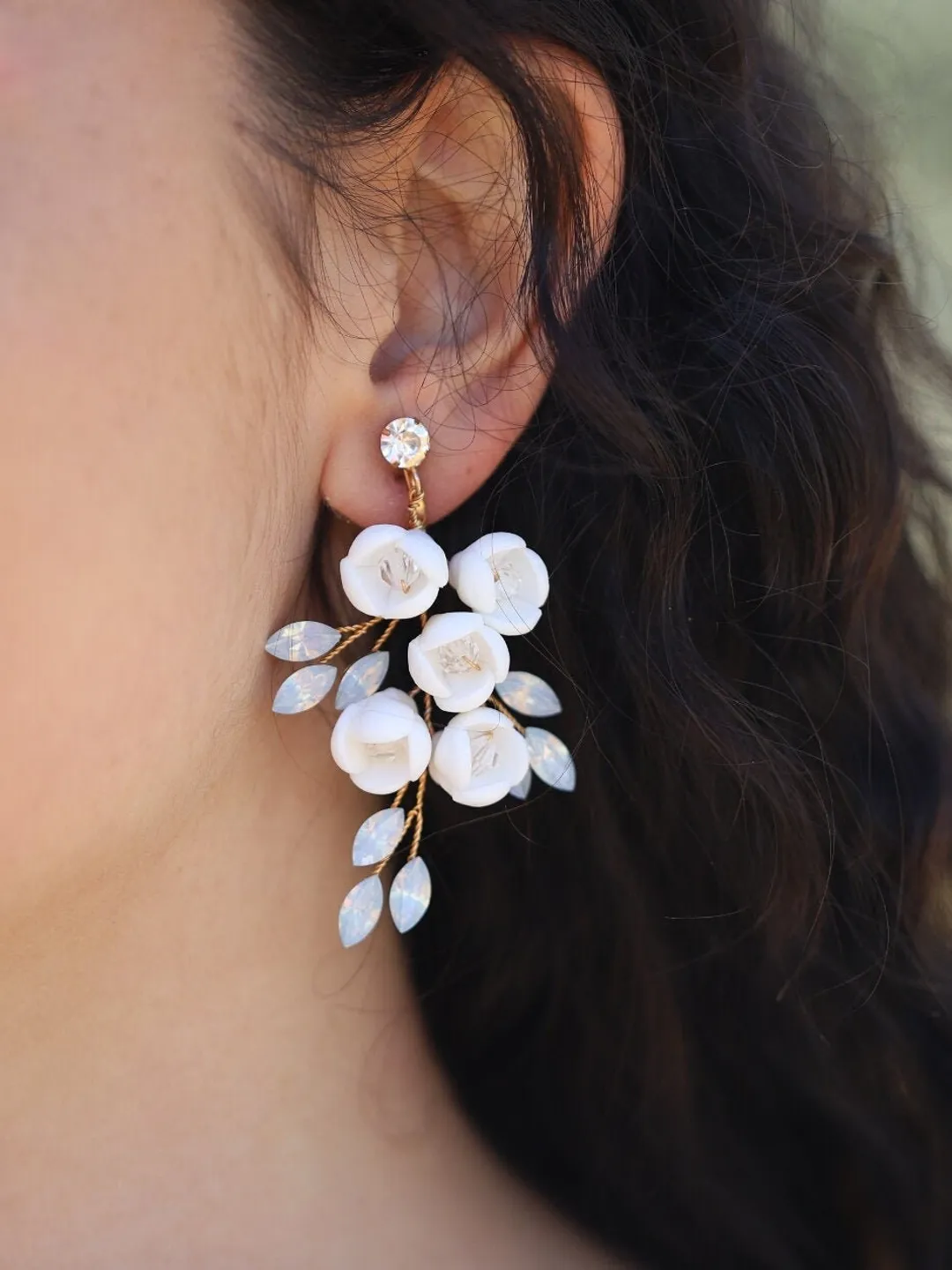 Boho Wedding Earrings, Delicate Porcelain Flower Bridal Earrings, Statement Jewelry Set, Floral Bridal Earrings, Opal Chandelier Earrings