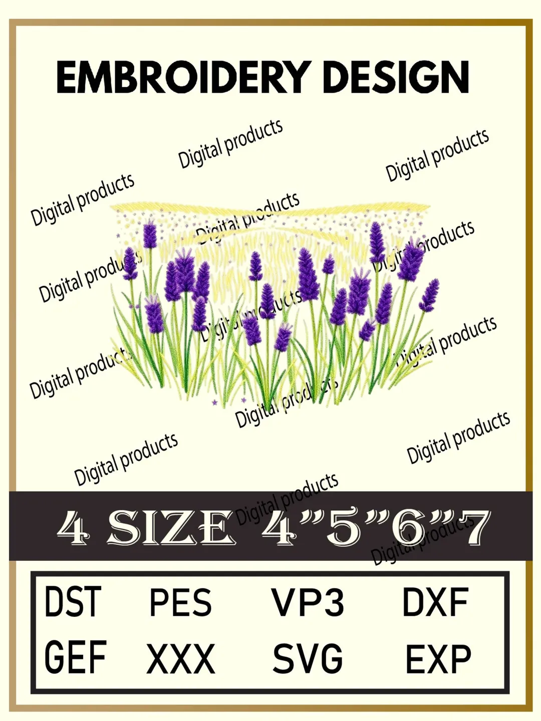 Lavender Embroidery Design Digital Pattern with Purple Blossoms and Wheat Accents for Machine Embroidery Projects in Four Sizes with Multiple Compatible Formats Including DST, PES, VP3, DXF, GEF, XXX, SVG, EXP Download
