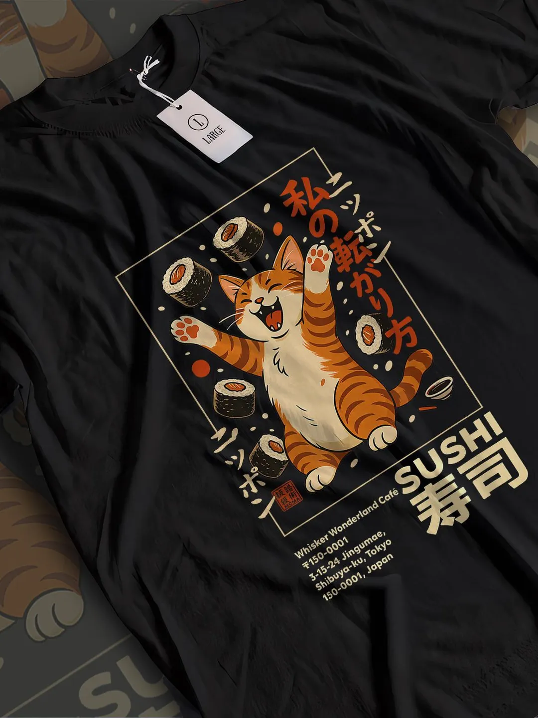 Kawaii Sushi Cat Tee - Japanese Retro, Orange Tabby Design