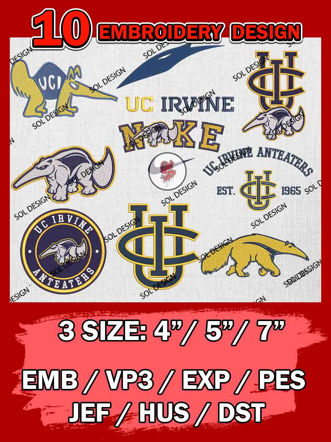 10 NCAA UC Irvine Anteaters Bundle Embroidery Files, NCAA UC Irvine Anteaters Team Bundle Embroidery Designs, NCAA Teams, National College Football Team 3 sizes, NCAA UC Irvine Machine Embroidery, Digital Download