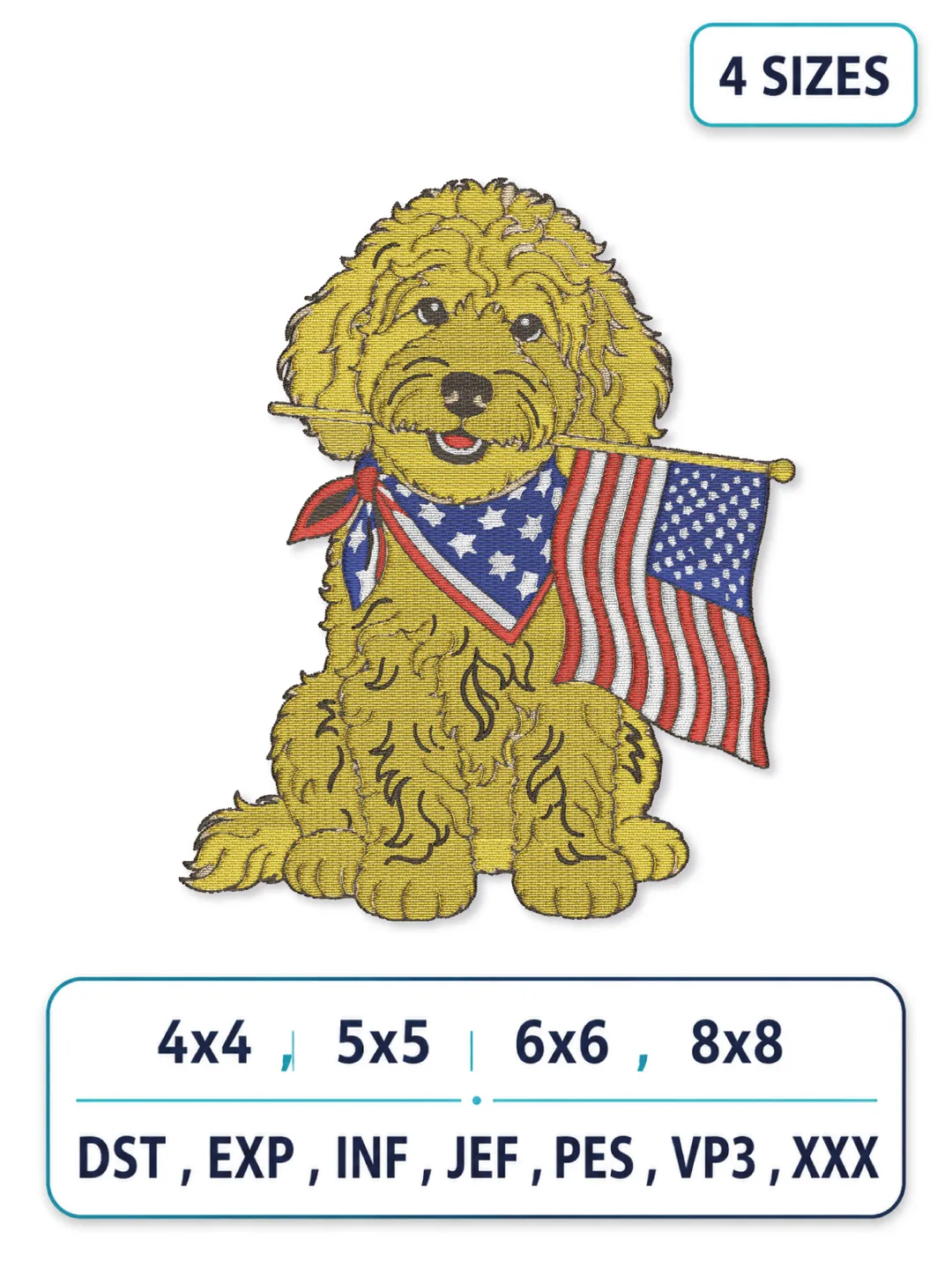 Patriotic Goldendoodle Dog Machine Embroidery Design
