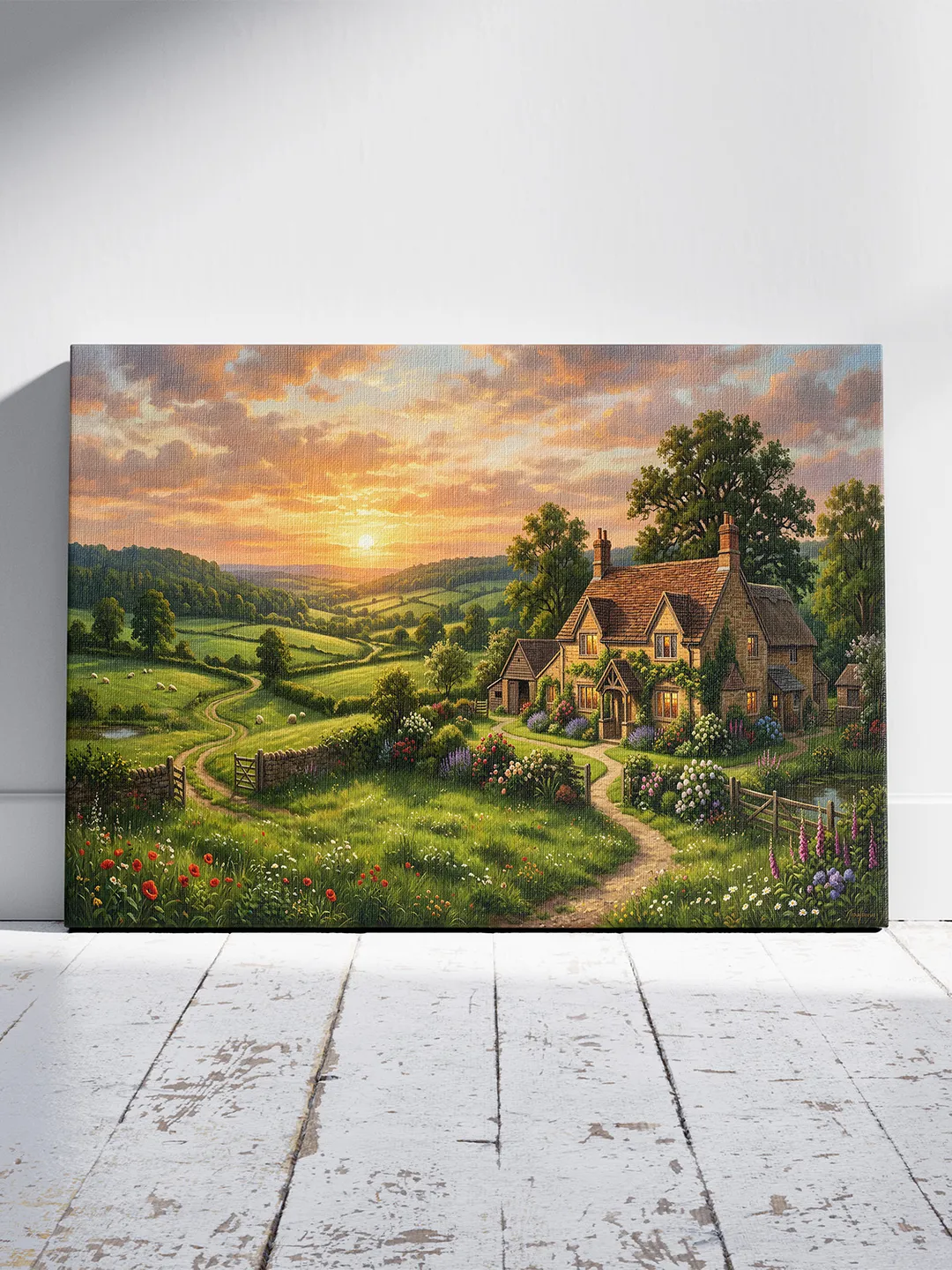 English Countryside Cottage at Sunset — Printable Wall Art
