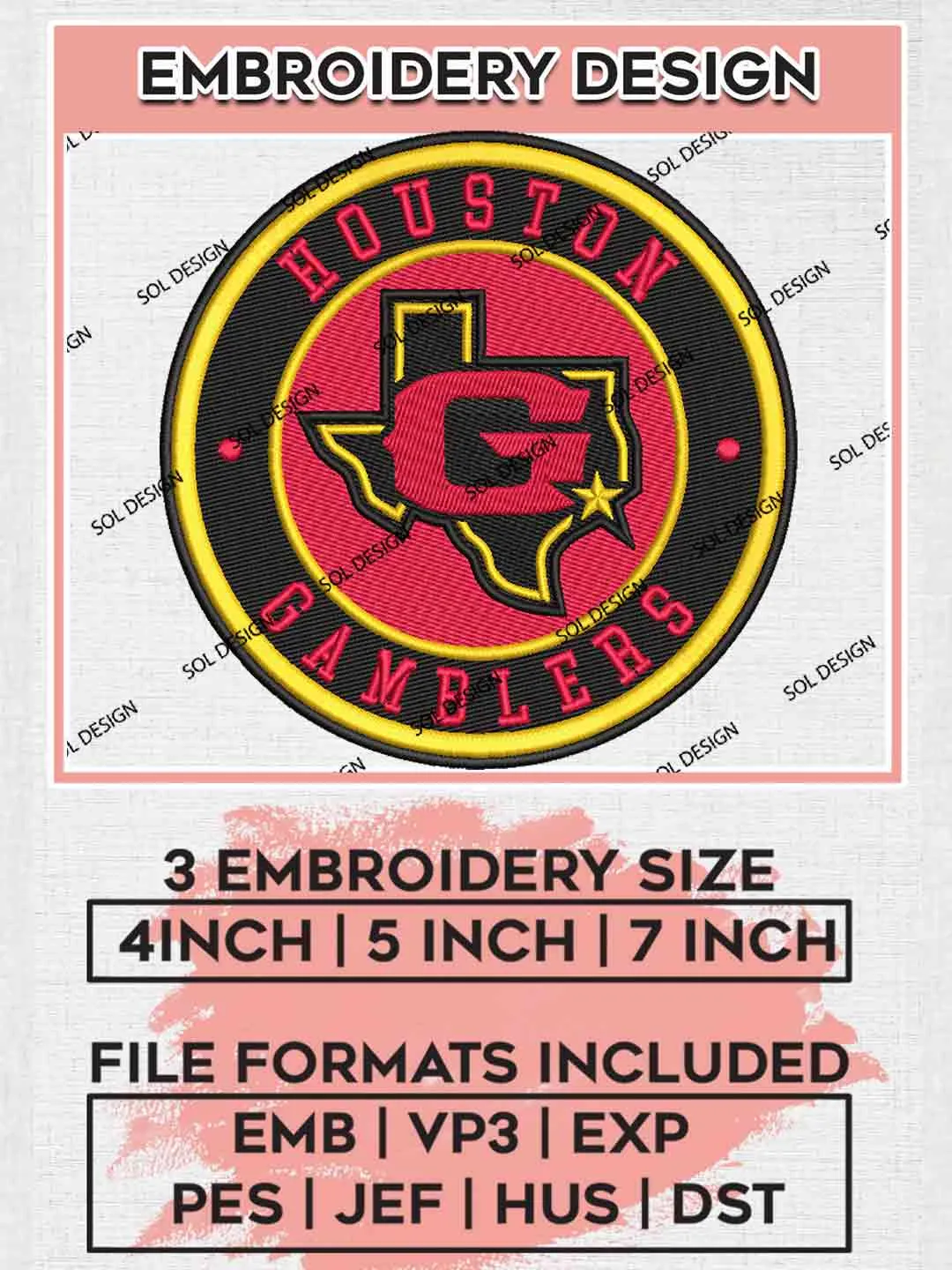 Houston Gamblers Round Logo Embroidery Design, UFL Football League Embroidery files, Sport Machine embroidery designs, 3 sizes, Instant Download