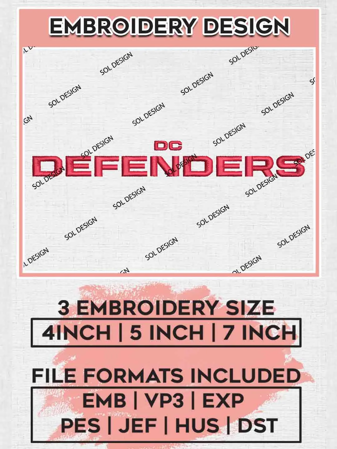 DC Defenders Wordmark Logo Embroidery Design, UFL Embroidery files, Sport Machine embroidery designs, 3 sizes, Instant Download