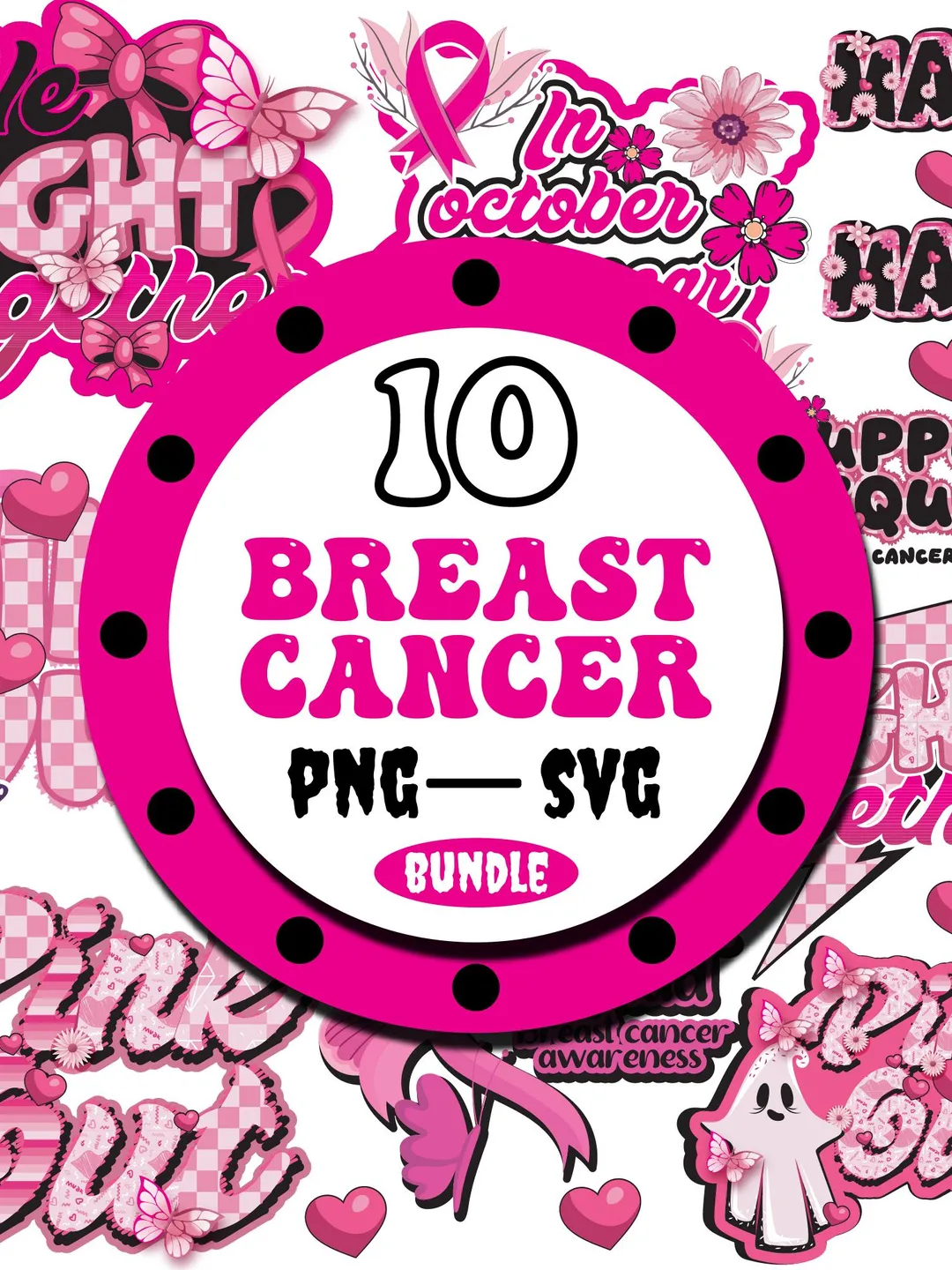 Breast Cancer Awareness SVG PNG Bundle: Pink Ribbon Designs (Digital)