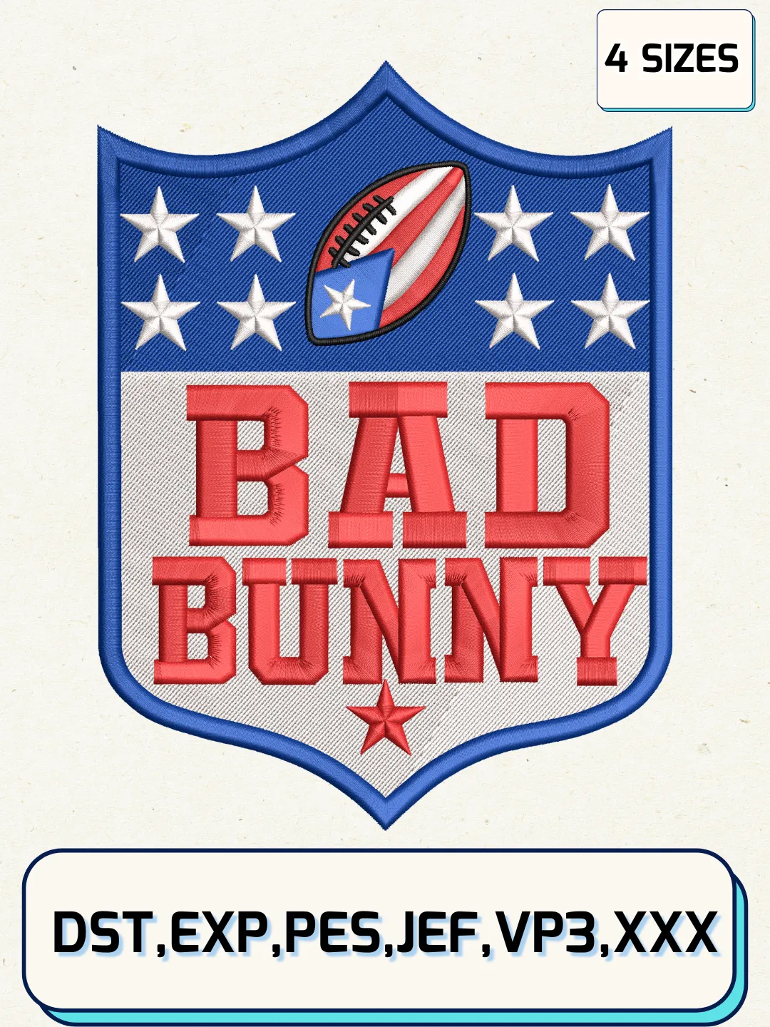 Bad Bunny Super Bowl Football Embroidery Design Files, NFL Logos Embroidery Designs, Machine Embroidery Files, 4 Sizes