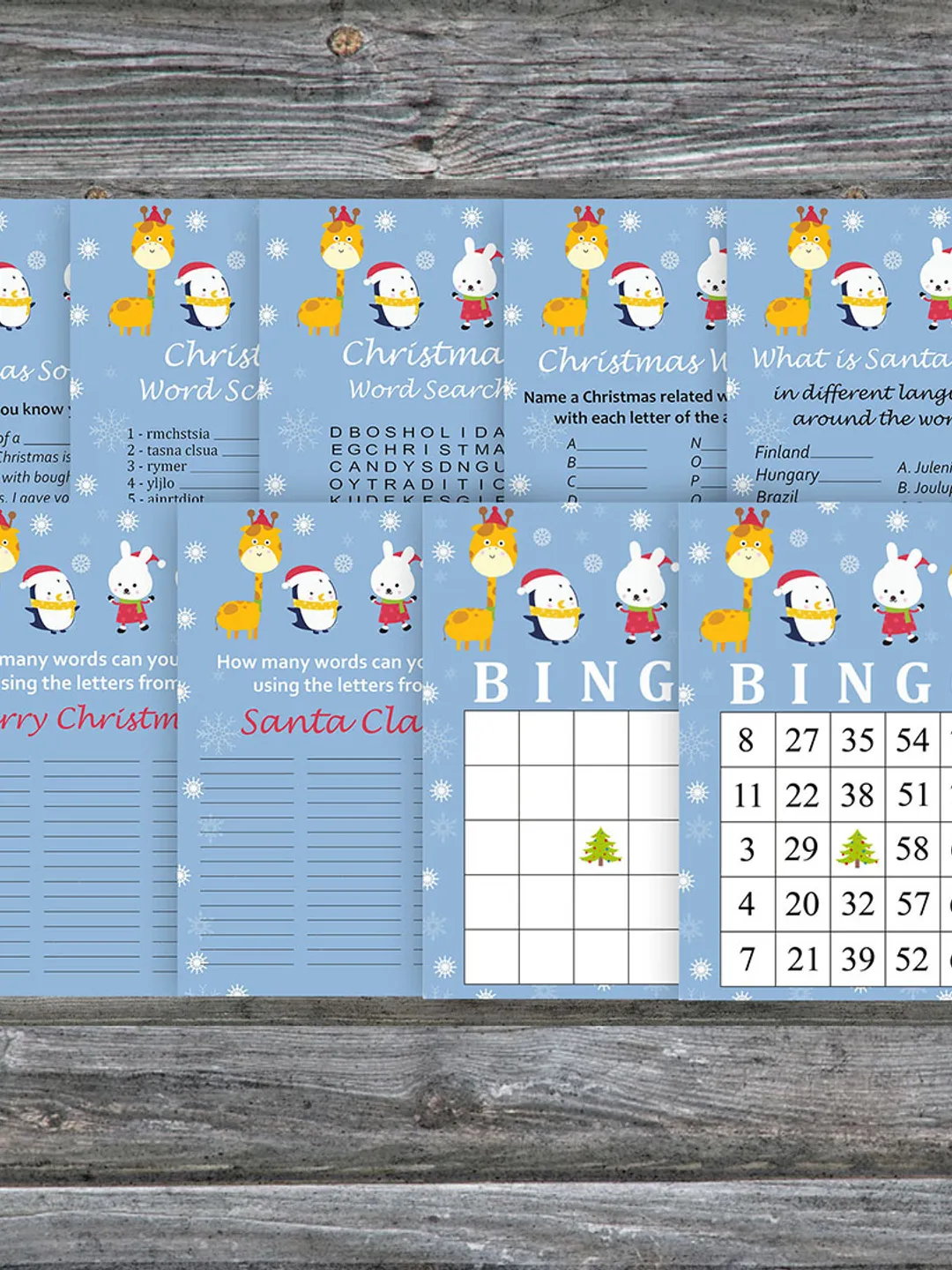 Christmas party games bundle,Printable Christmas Party Game Pack,Winter animals Christmas Trivia Game Cards