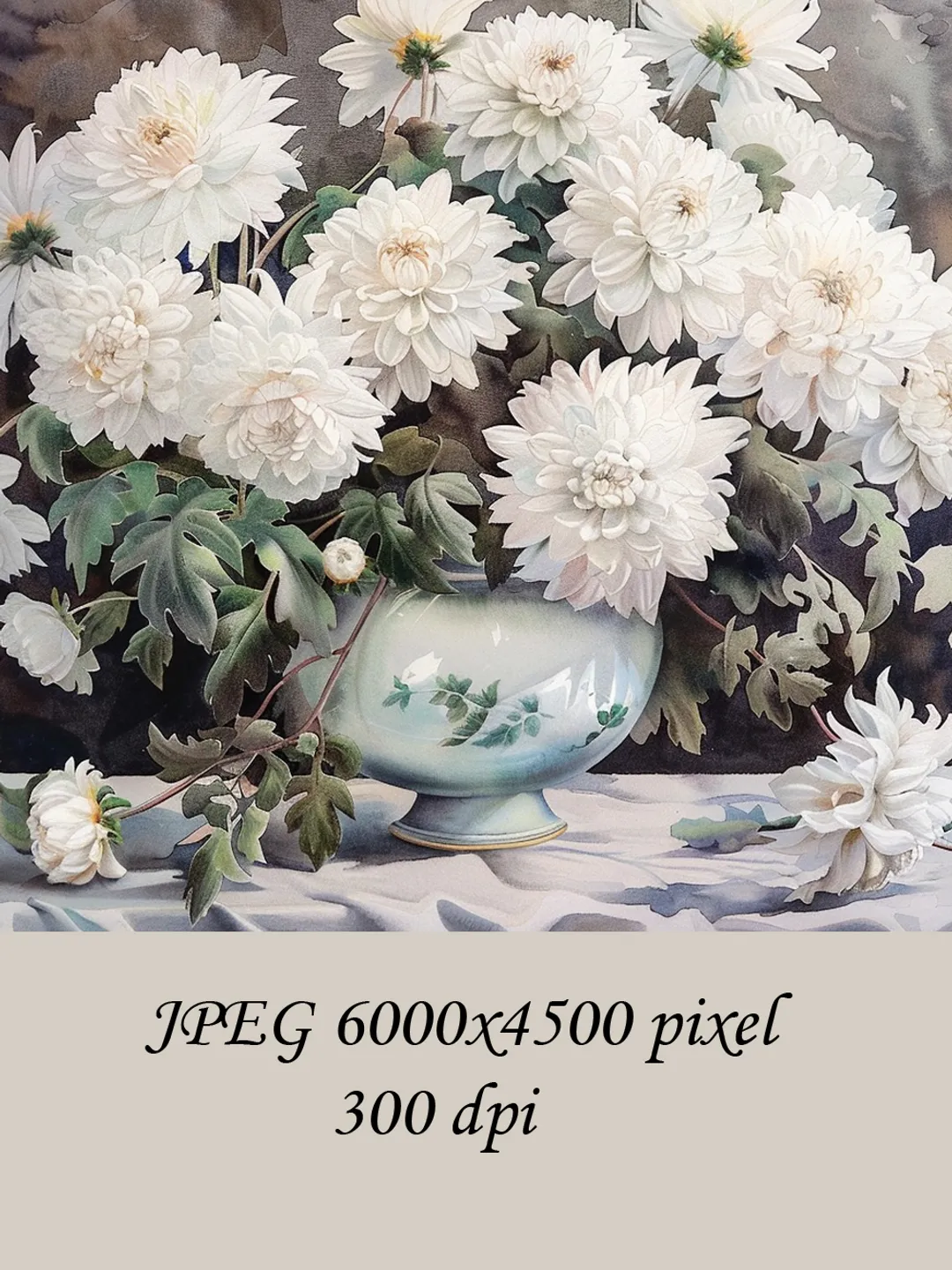 Bouquet of white chrysanthemum in a vase watercolor drawing, digital illustration, digital painting , wall art decoration. AI