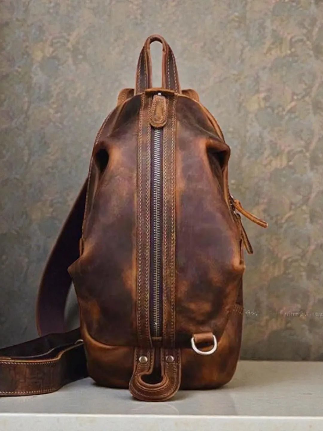 Vintage Leather Sling Bag Crossbody Backpack for Travel Vintage Italian Leather Crossbody Sling Bag - Cognac  main image 4