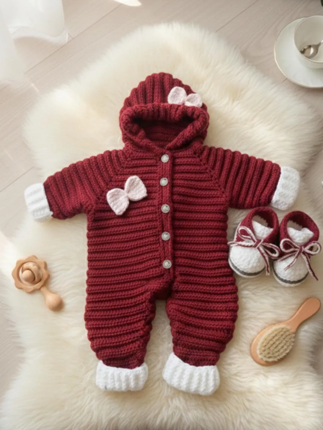 Handmade Crochet Baby Romper with Hood & Booties | Newborn Coming Home Outfit | Baby Shower Gift for Girl | Aesthetic Boho Baby Knitted Set