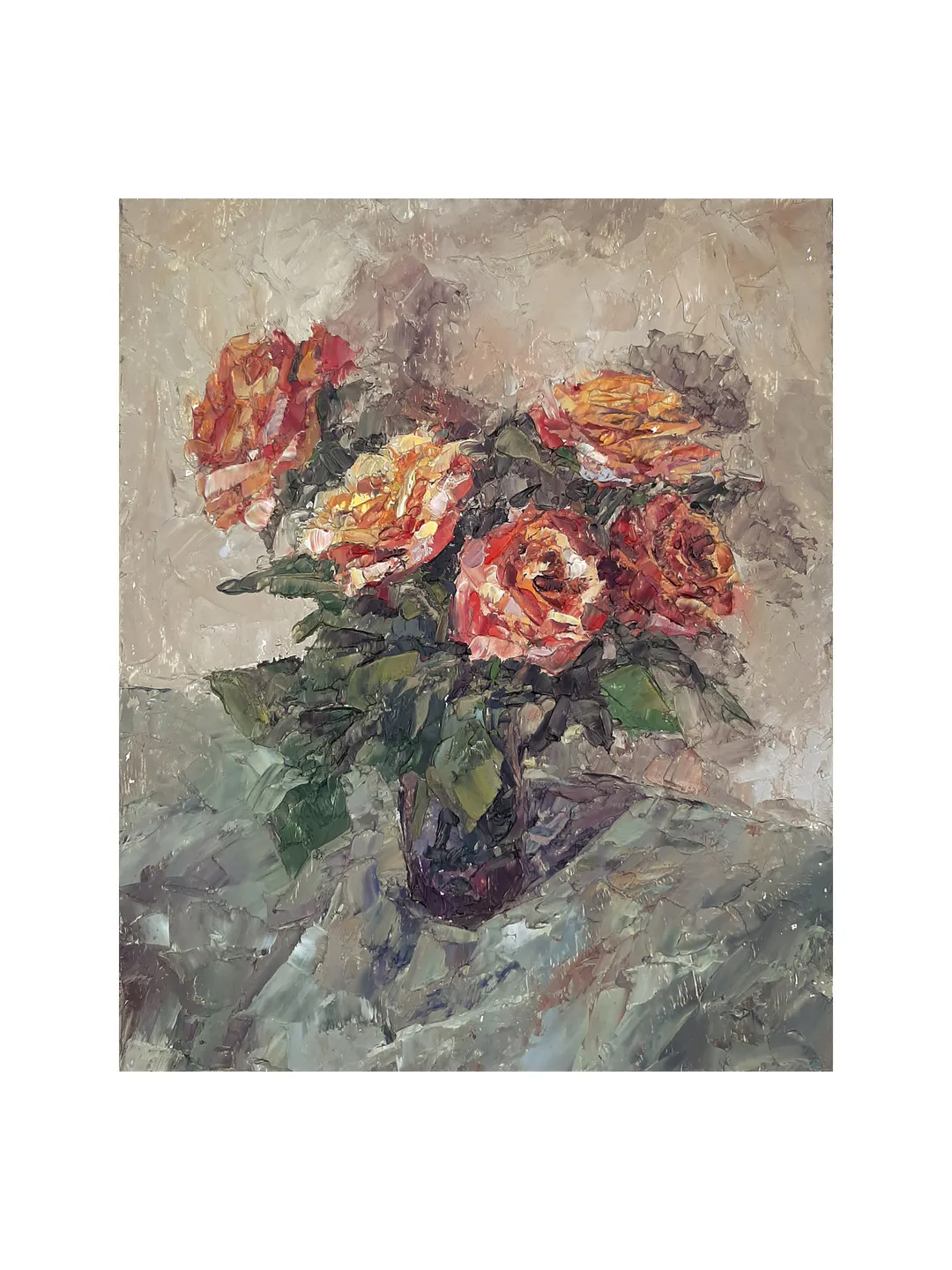 Yellow Red Roses Painting 11x9" Original Flower Art Oil Hand Painted Artwork Signed by artist Marina Chuchko Impressionist