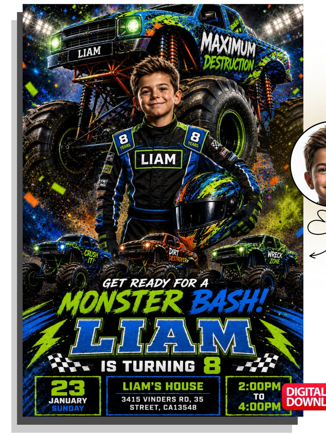 Custom Monster Truck Birthday Invitation, Photo Truck Party Invite (Digital Download)