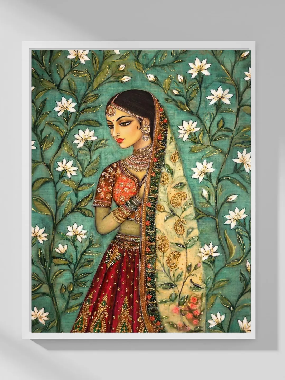 lady in the garden print, floral Madhubani Painting, Indian folk, woman ...