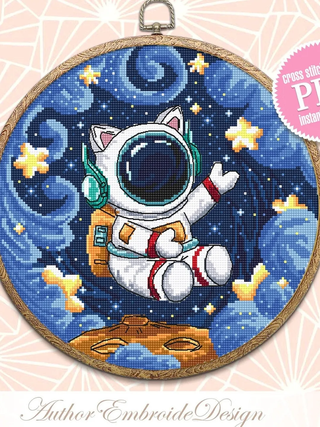 Astronaut cat cross stitch pattern PDF download Funny cat in space cross stitch chart, Space cat embroidery PDF, Outer space, Cat art #K57