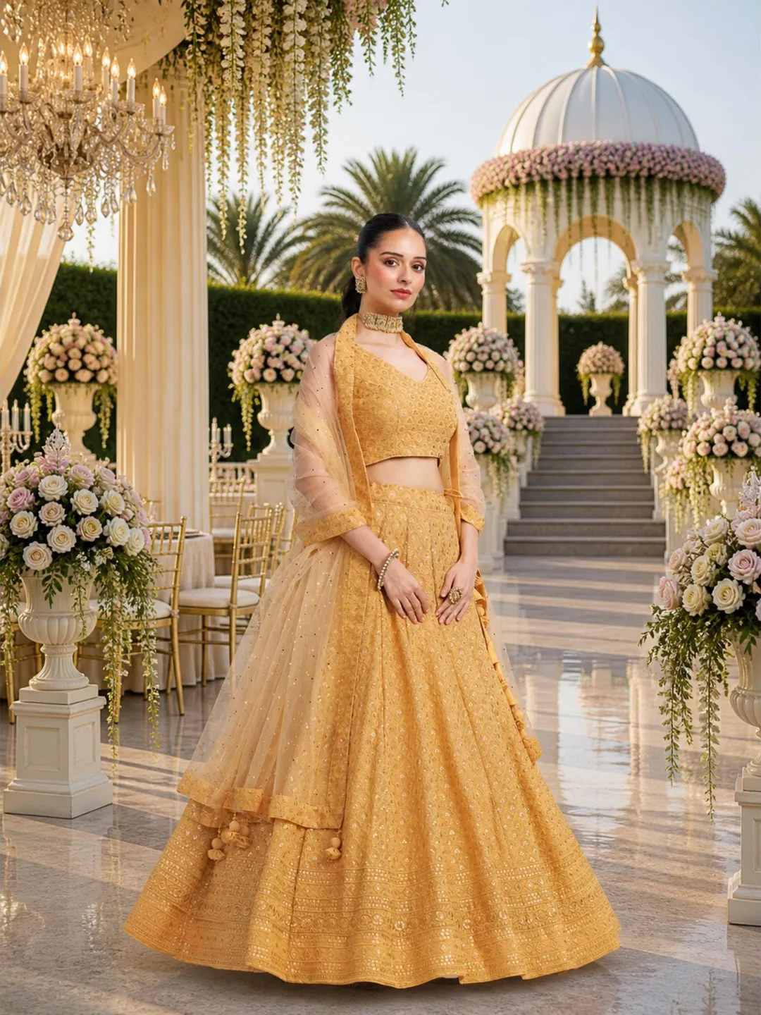 Beige Ready To Wear Lehenga Choli: Indian Wedding Wear, Sequins Embroidery