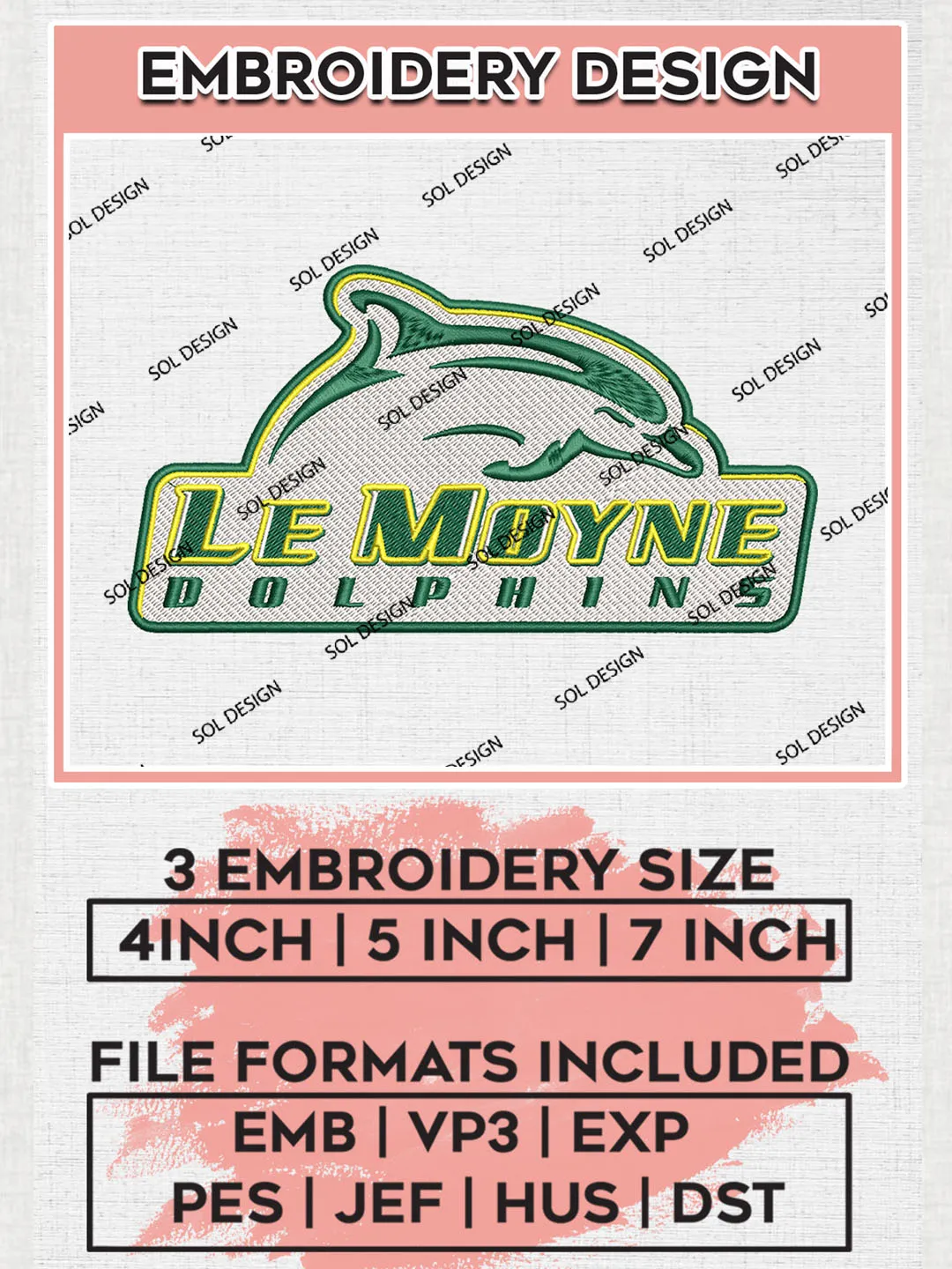 Le Moyne Dolphins College Football Team Logo Embroidery Design Files, NCAA Le Moyne Dolphins Machine Embroidery, NCAA Teams, 3 sizes, NCAA Machine embroidery designs, Digital Download