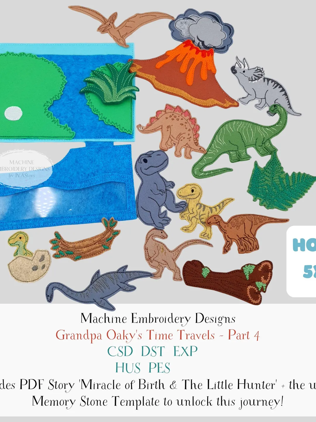 Dinosaur Finger Puppet Machine Embroidery Designs | ITH Dino Felt Toy Pattern Set with Volcano & T-Rex | Quiet Book Storytelling | 5x7 Hoop