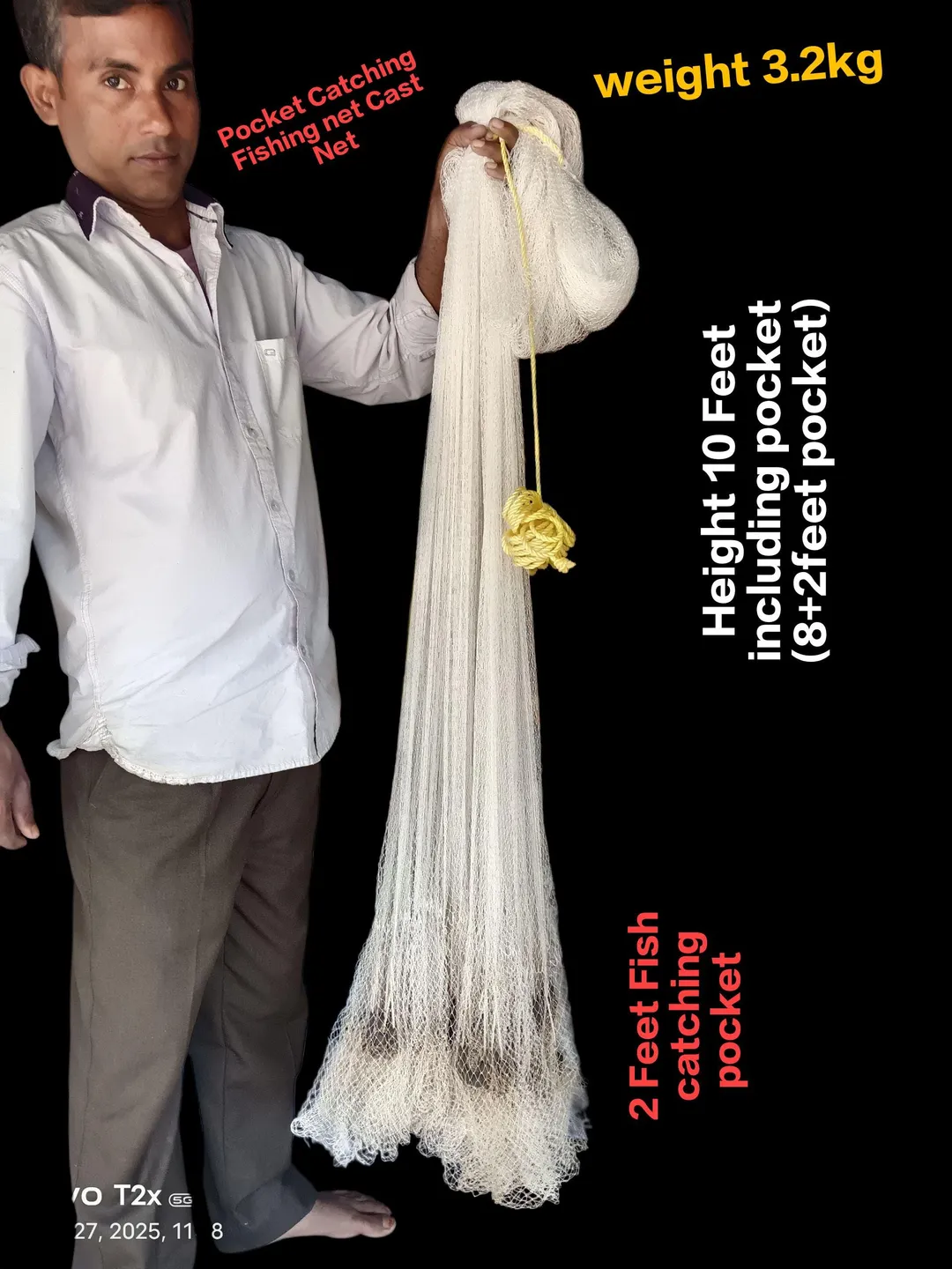Fishing net 10ft (8+1ft pocket)Cast net, pocket catching Fishing net, Nylon  Threads 16mm Mesh size white