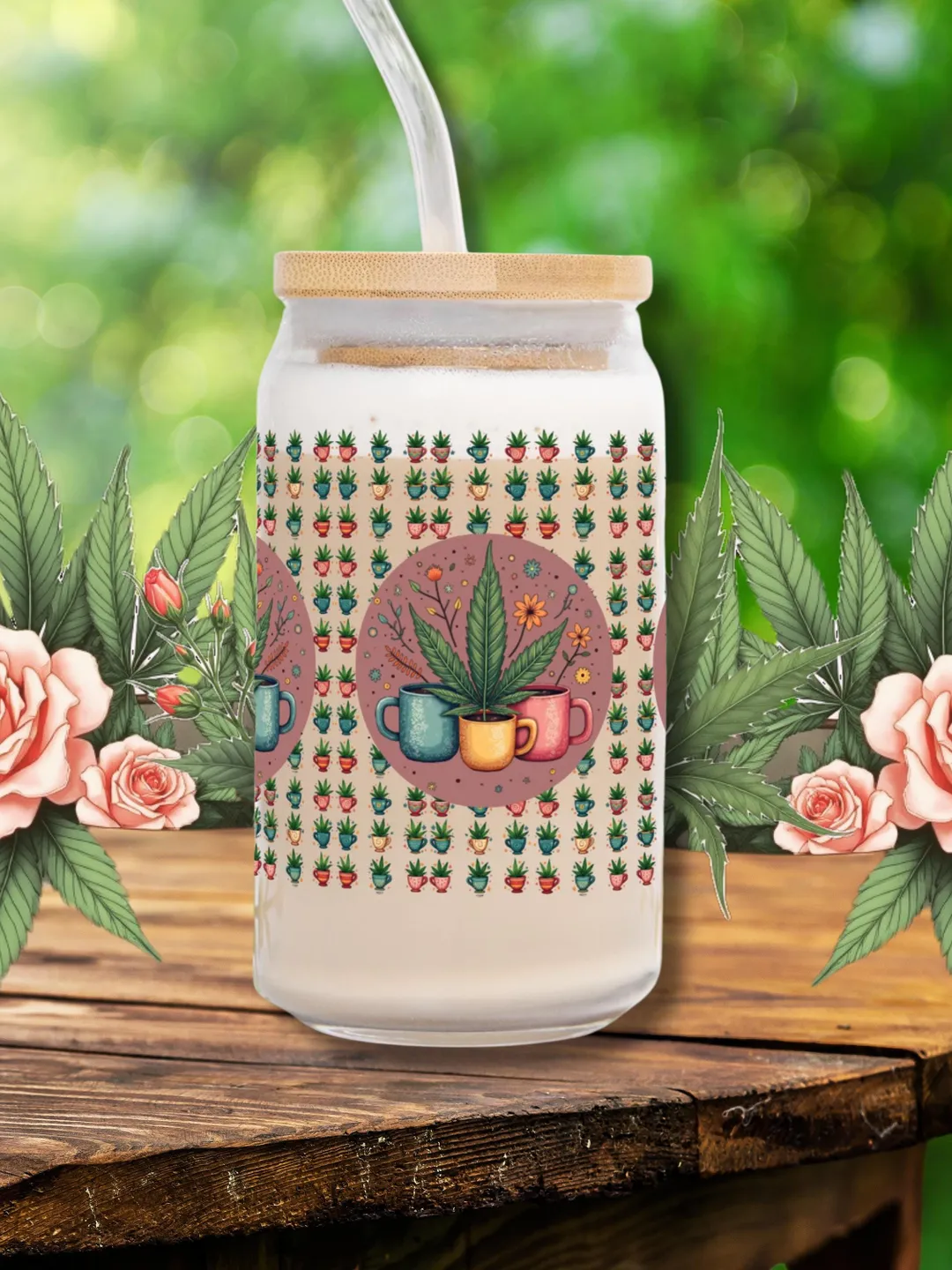 Botanical Cannabis 16oz Glass Tumbler, Bamboo Lid, Herbal Tea Cup