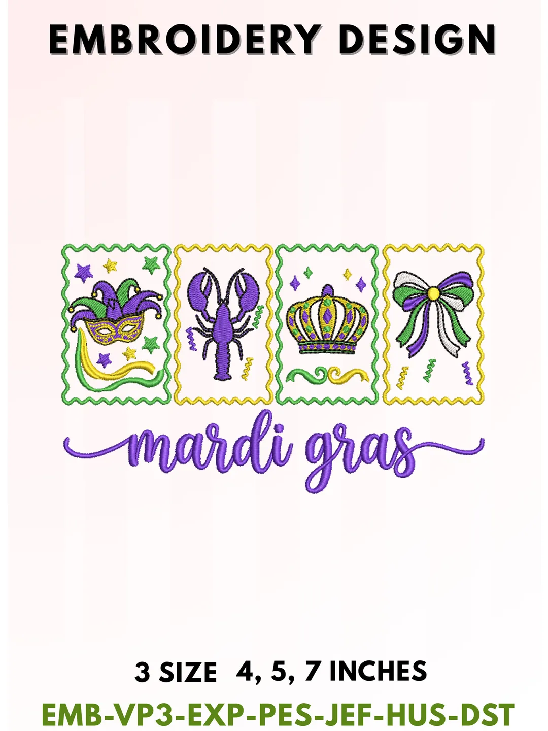 Mardi Gras Postage Stamp Embroidery Design, Festive New Orleans Carnival Pattern, Mask and Crown Embroidery, 3 Sizes