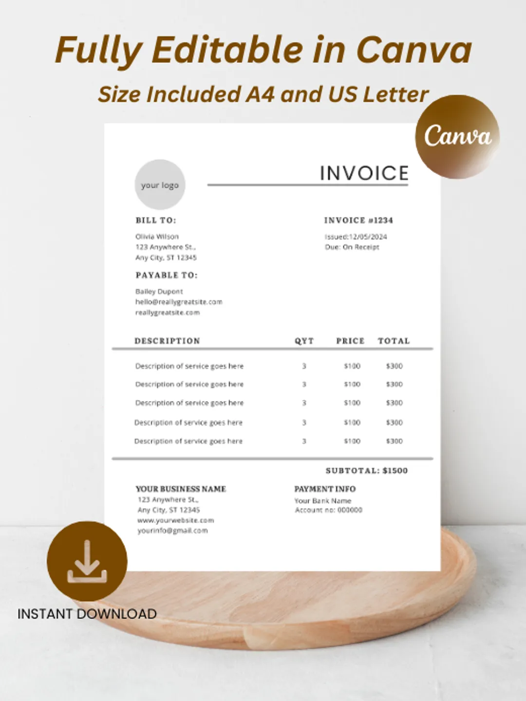 Minimalist Invoice Template | Editable Canva Invoice for Small Business ...