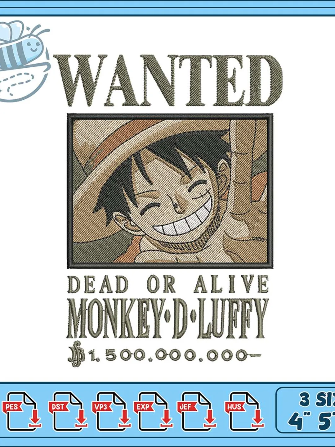 Monkey D Luffy Wanted Poster Embroidery Design, One Piece Bounty Dead Or Alive Machine Embroidery File, Anime Straw Hat Luffy Patch