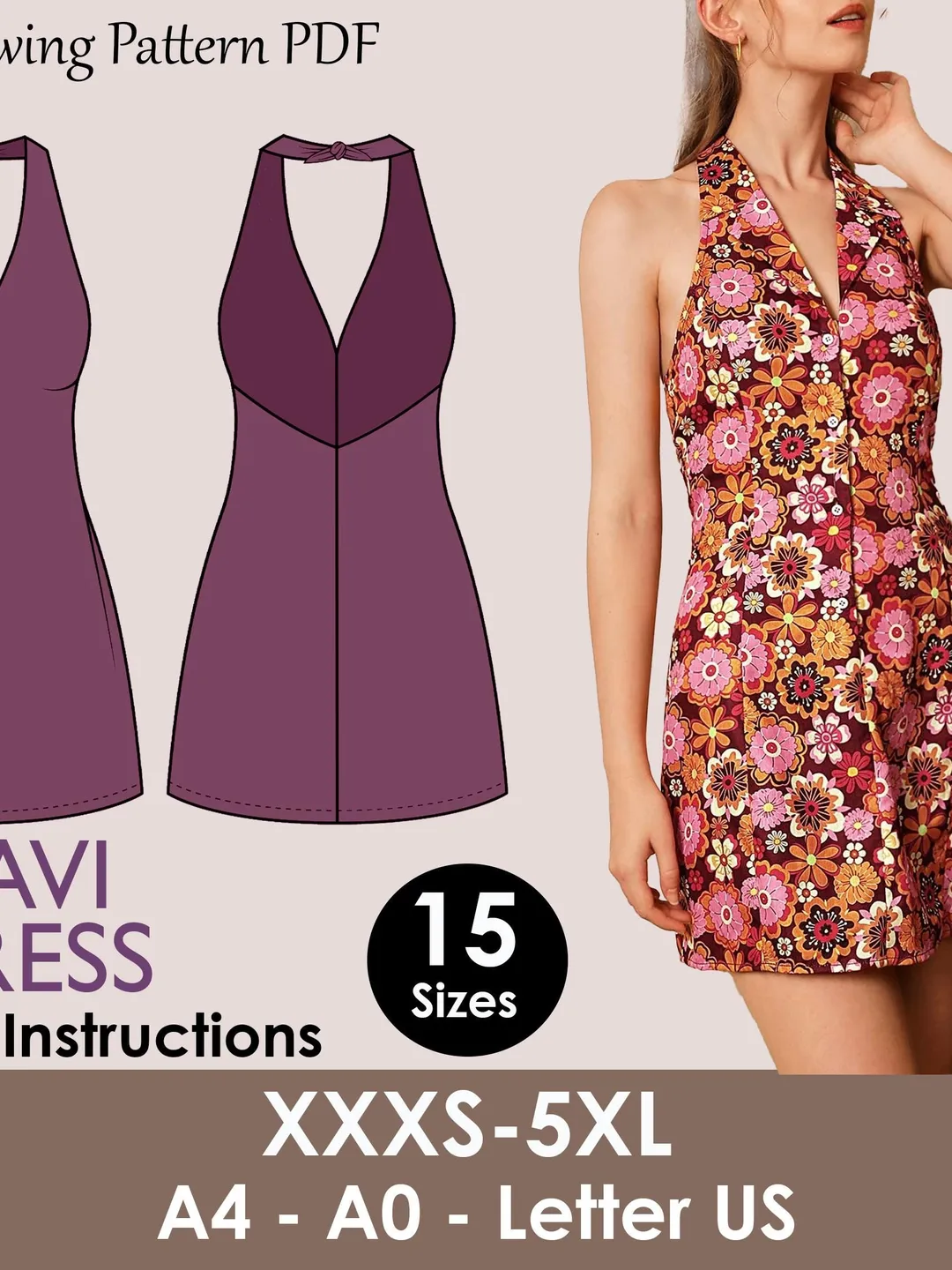 ELIANNA Dress- halter dress | Sleeveless | Women summer dress sewing pattern  | short dress sewing pattern | PDF V shape neck and backline.