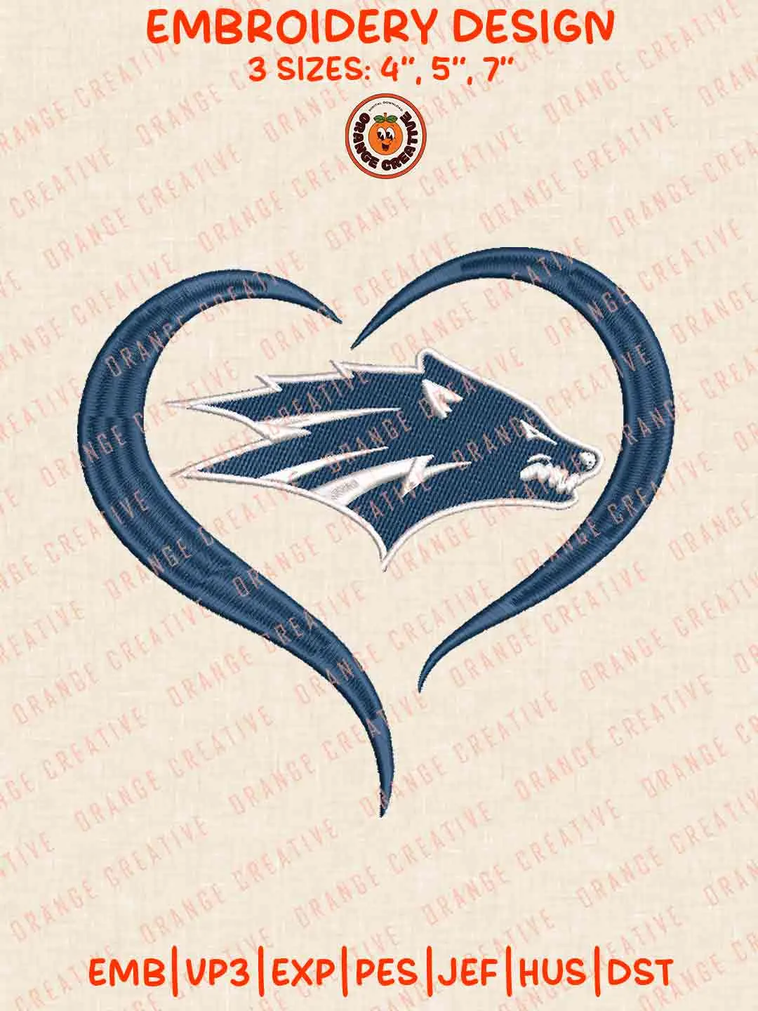 Nevada Wolf Pack Heart Logo Embroidery Design, NCAA Nevada Wolf Pack Team Machine Embroidery Digitized Pes File, 4 Sizes, Custom Size, Instant Download