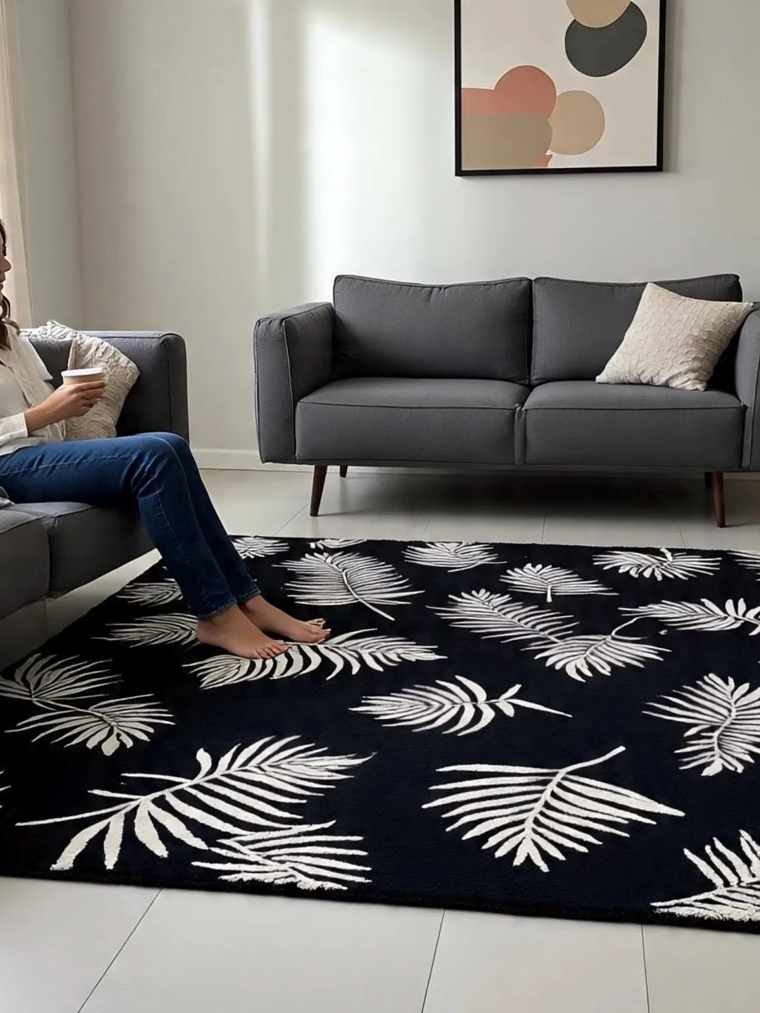 Handmade Tufted Modern Black Leaf Pattern Area Rug