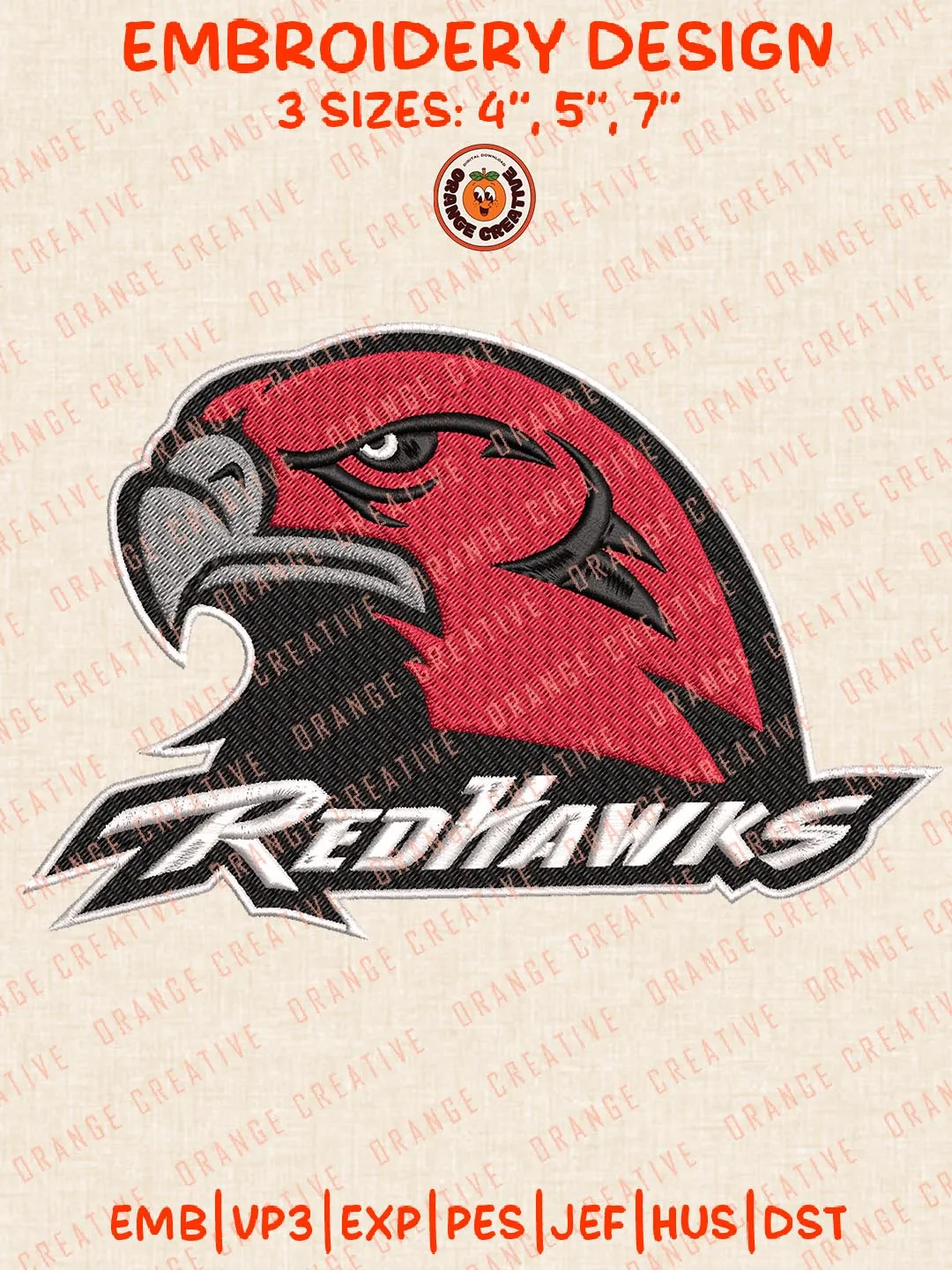 RedHawks Mascot Embroidery Design Files, NCAA Logos Embroidery Designs, NCAA Miami RedHawks Machine Embroidery Files, 3 Sizes, Custom Sizes, Instant Download