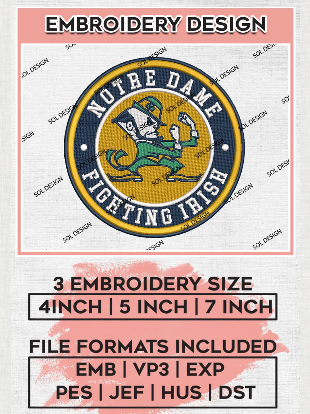 NCAA Notre Dame Fighting Irish Round Logo Embroidery, NCAA Notre Dame Fighting Irish Embroidery Design files, NCAA Teams, NCAA Machine embroidery designs, Digital Download