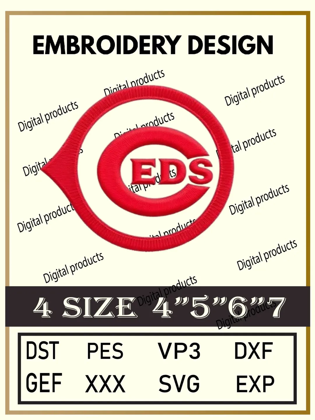 Cincinnati Reds Embroidery Design Digital Logo Pattern with Stylized Red C and EDS Text for Machine Embroidery Projects in Four Sizes with Multiple Compatible Formats Including DST, PES, VP3, DXF, GEF, XXX, SVG, EXP Download
