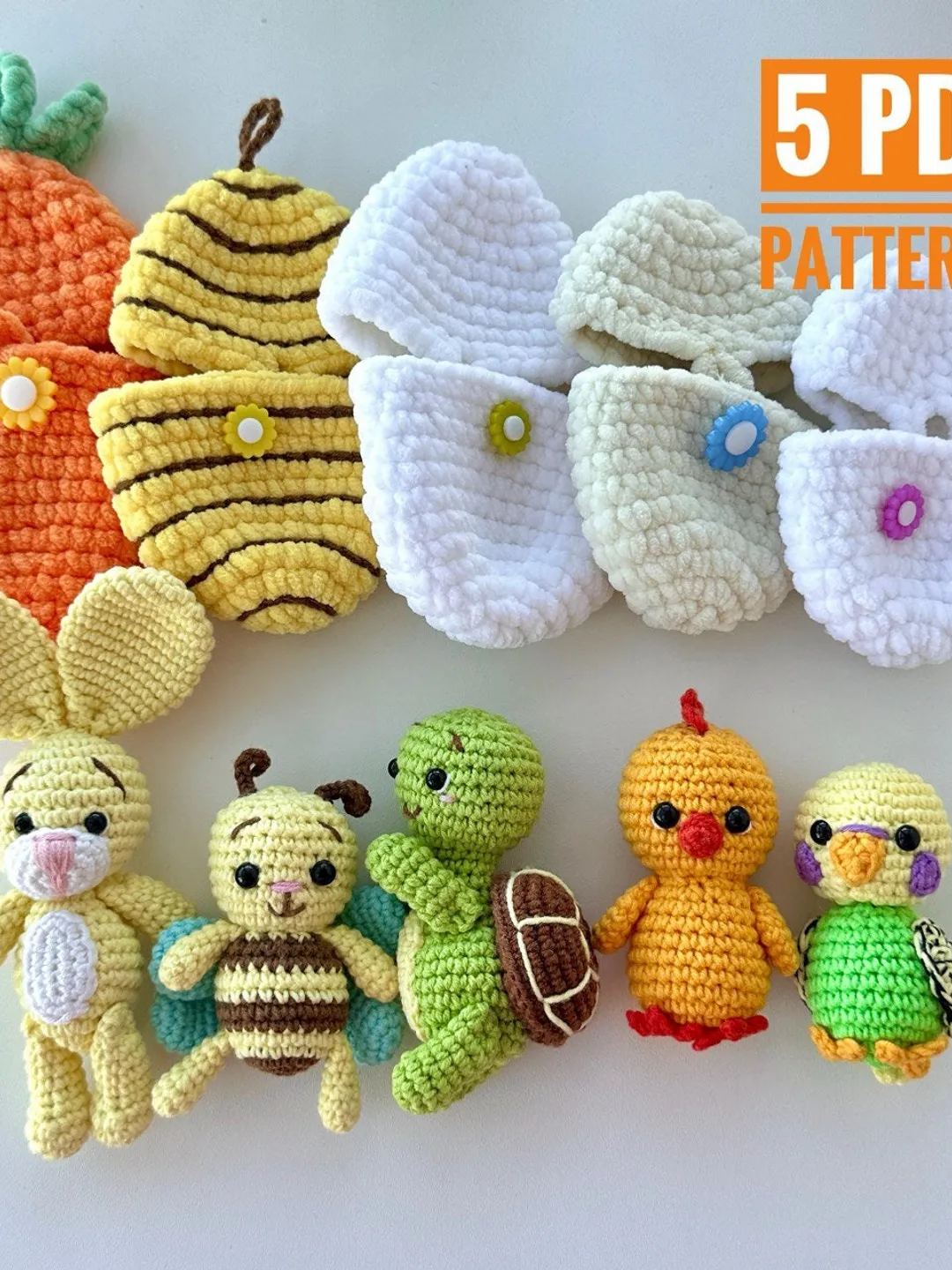 Crochet pattern Easter Bunny in carrot, chick, budgie and Turtle in egg, bee in beehive - Amigurumi plushie crochet patterns - English Pdf