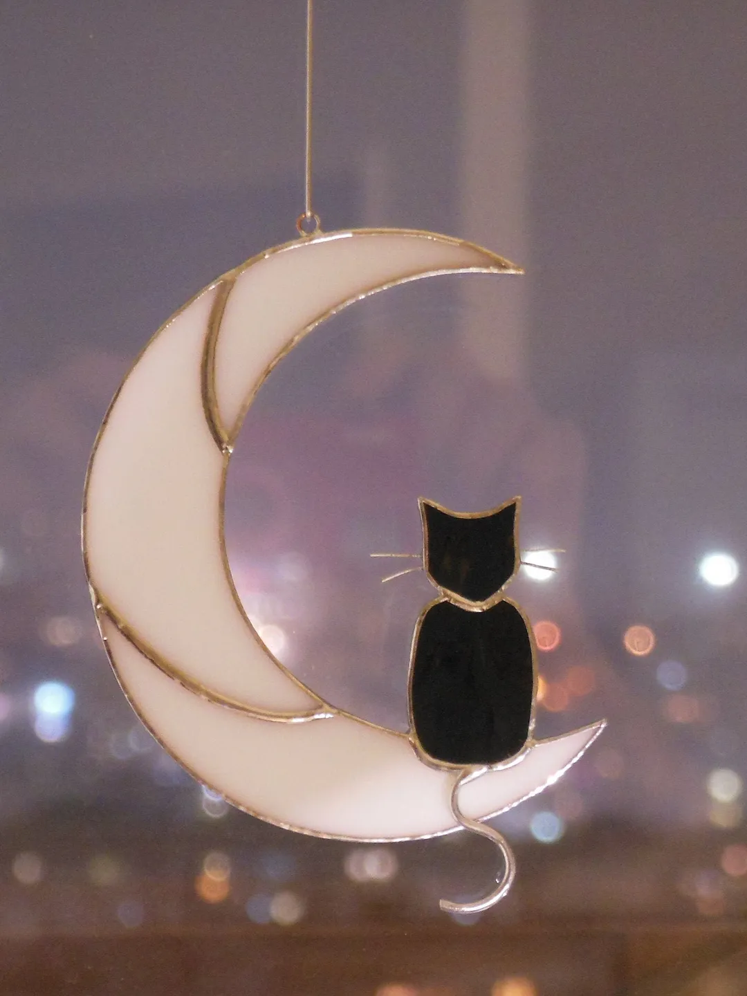 Black Cat On The Moon . Art stained glass window hanging Suncatcher ...