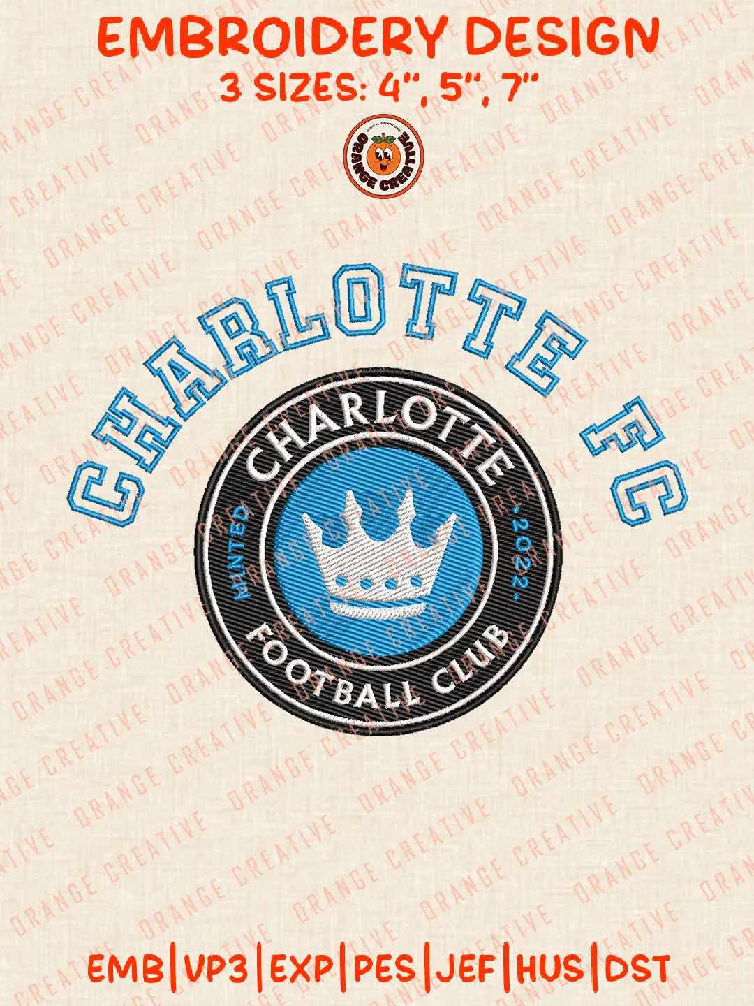 Charlotte FC Wordmark Round Logo Embroidery Files, Charlotte FC Embroidery Designs, League Soccer Machine Embroidery Files, MLS Charlotte FC Logo Machine Embroidery, 3 sizes, Digital Download