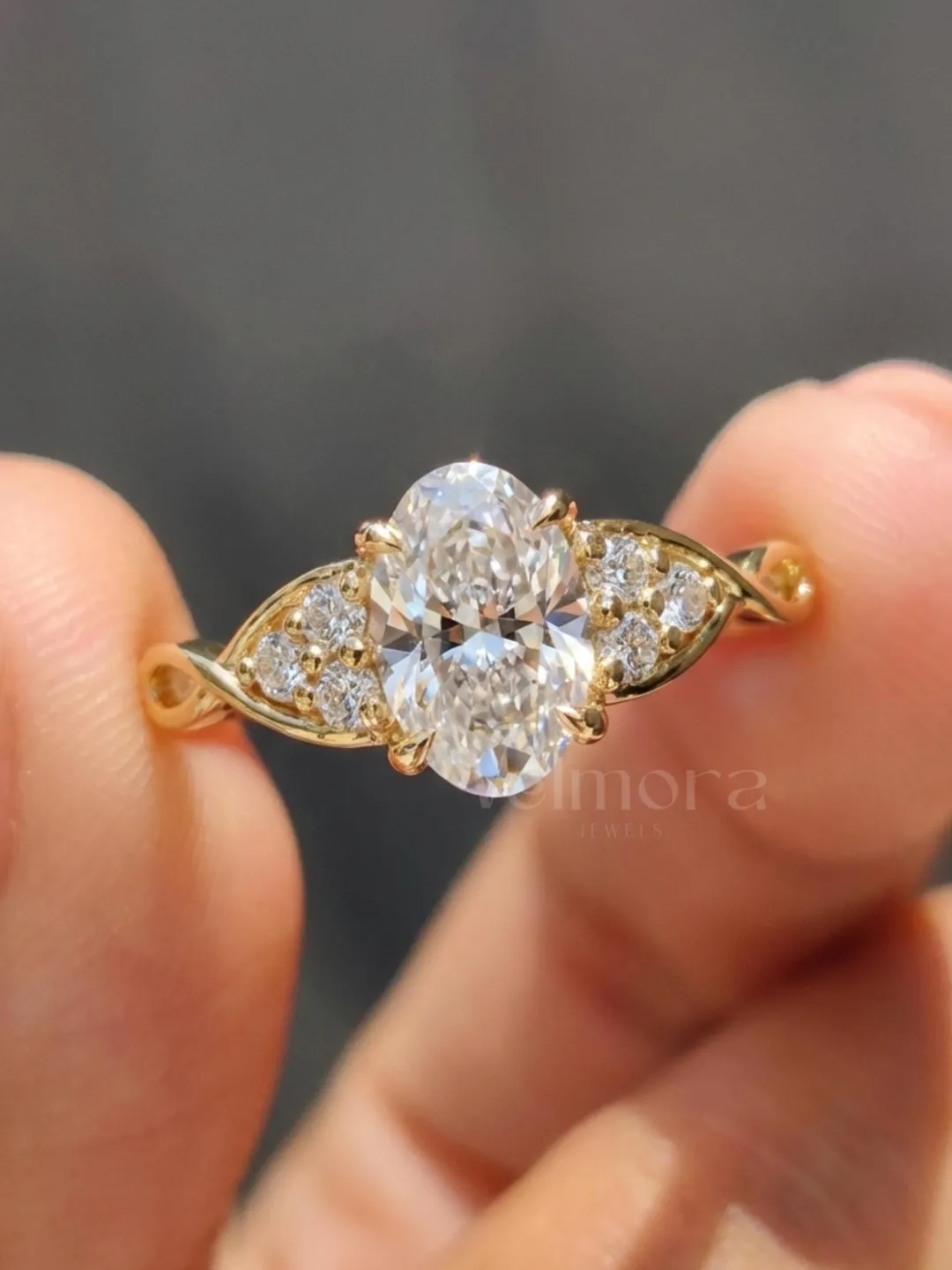 Oval Diamond 14K Yellow Gold Engagement Ring, Vintage Leaf Bridal Ring