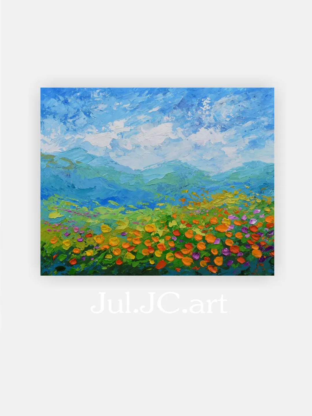 California poppies Art Mountain Landscape Original Painting 8 by 10 inch Wildflowers Painting by Juliya JC