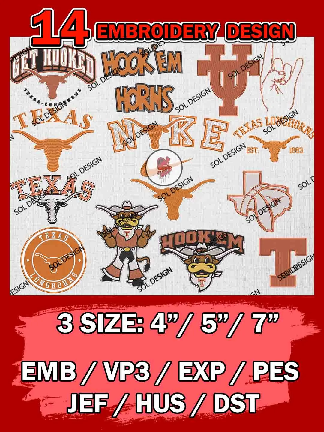 14 NCAA Texas Longhorns Bundle Embroidery Files, NCAA Texas Longhorns Team Bundle Embroidery Designs, NCAA Teams, National College Football Team 3 sizes, NCAA Texas Longhorns Machine Embroidery, Digital Download